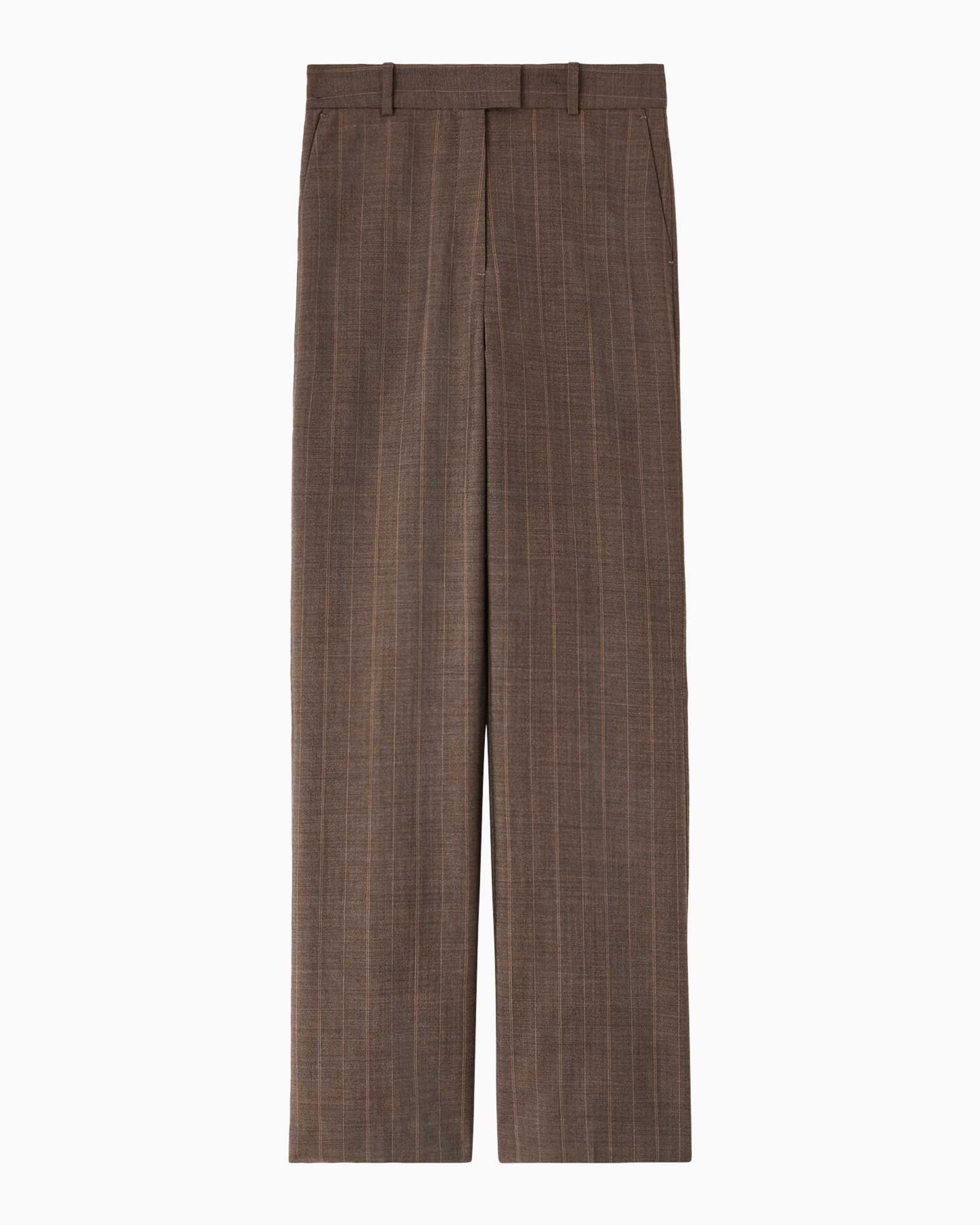 trousers, pinstripe, brown, waistband, front-pleats