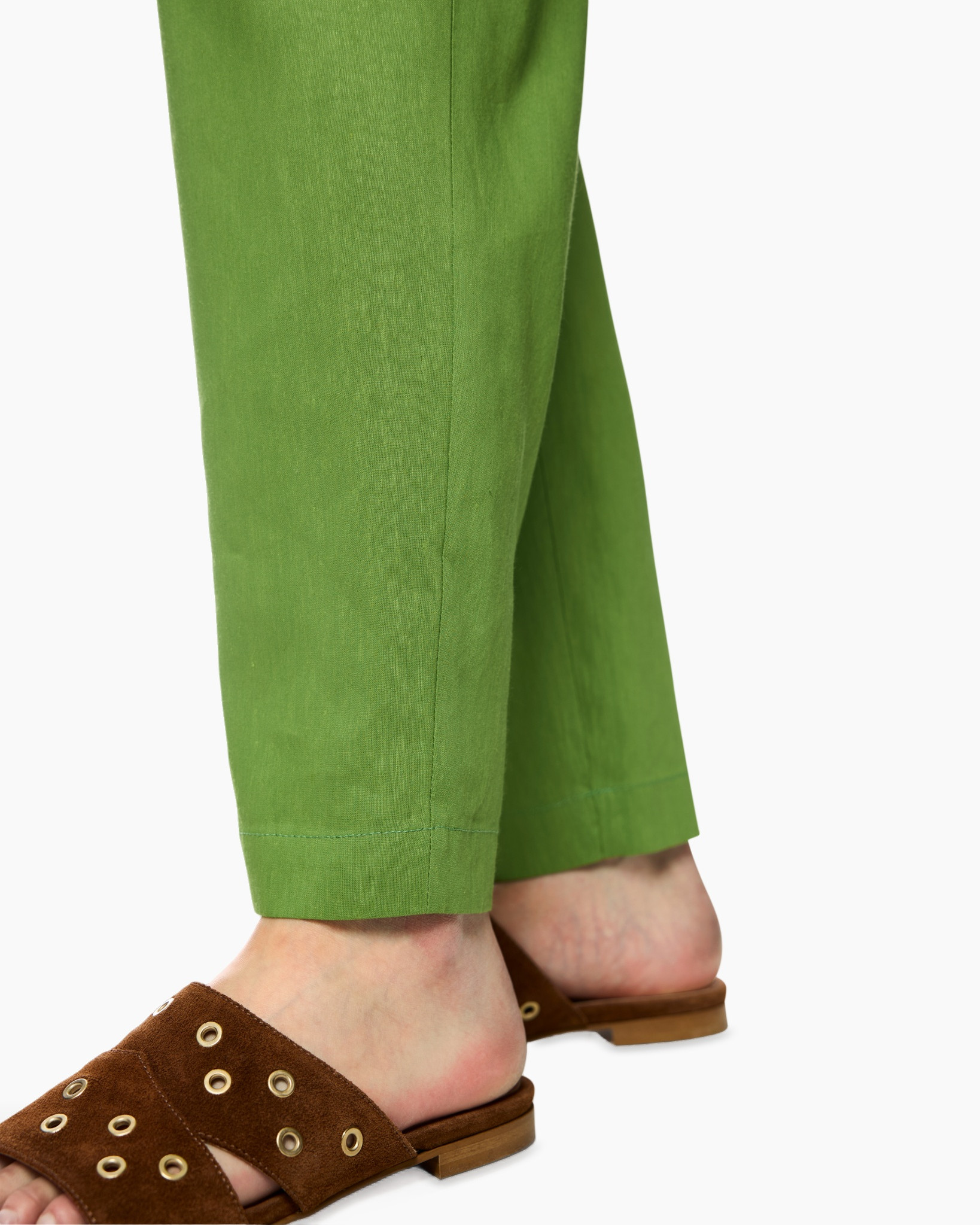 green, pants, ankle-length, slacks, slip-on sandals