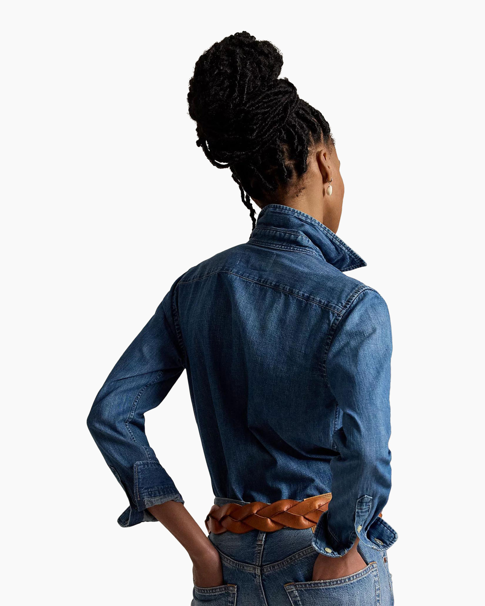 denim shirt, jeans, belt, braided hair, earrings