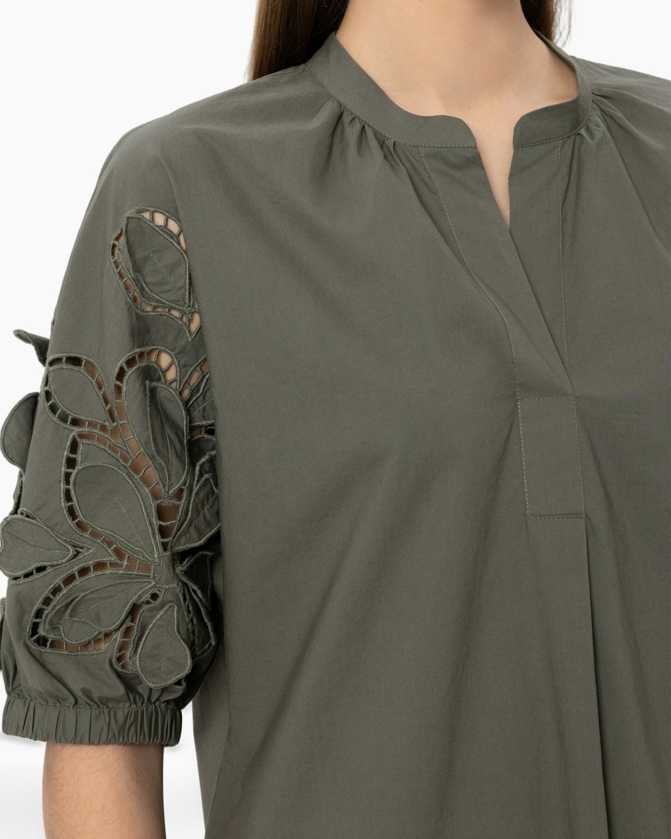 olive, eyelet, sleeve, puff, top