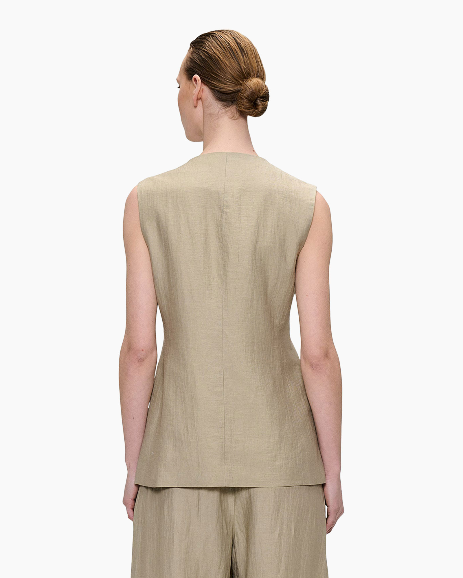 beige vest, sleeveless vest, buttoned vest, front pockets, linen-like fabric