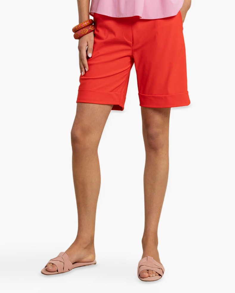 shorts, red, knee-length, tie-waist, slim fit