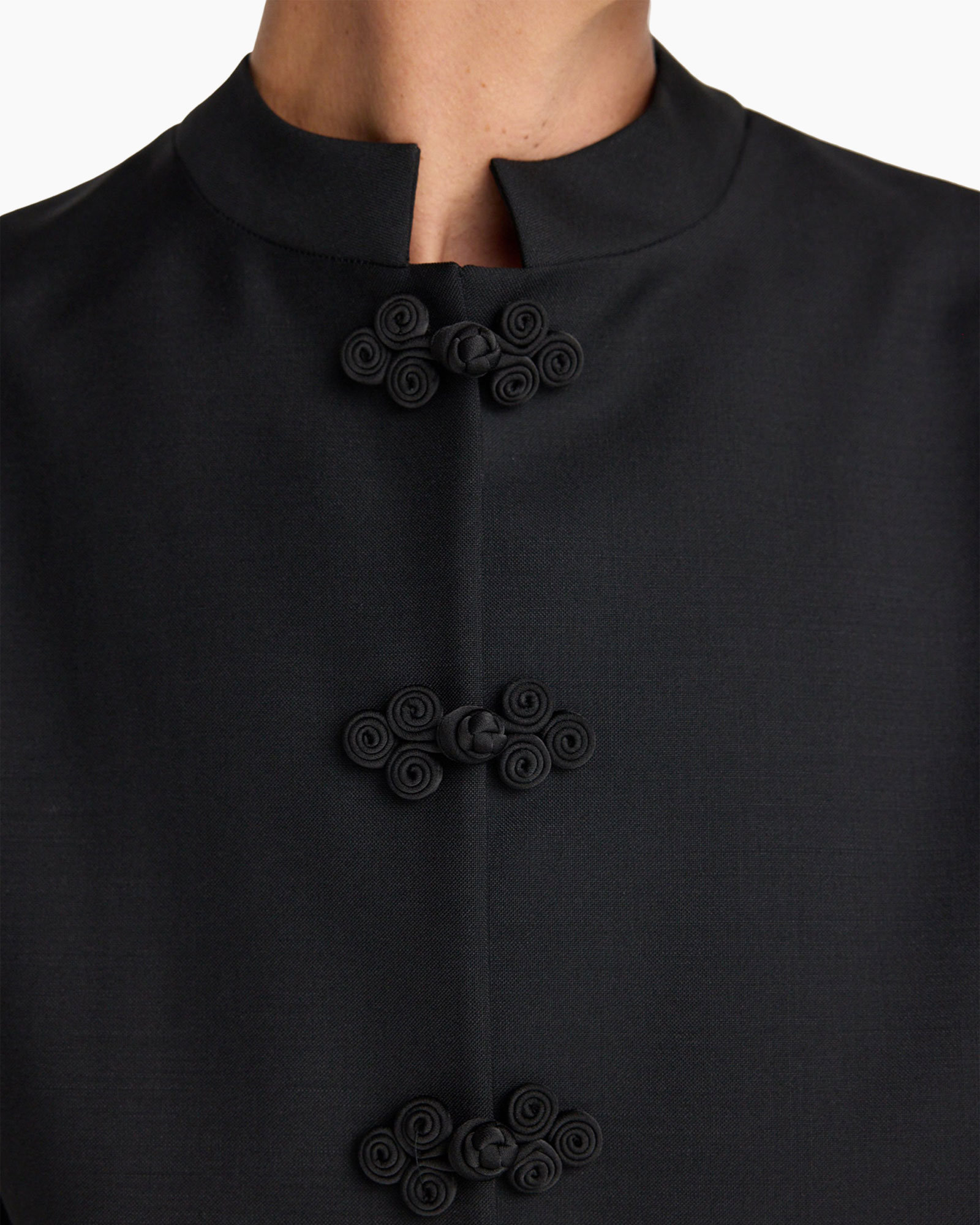 black, collarless, frog closures, knit, vest