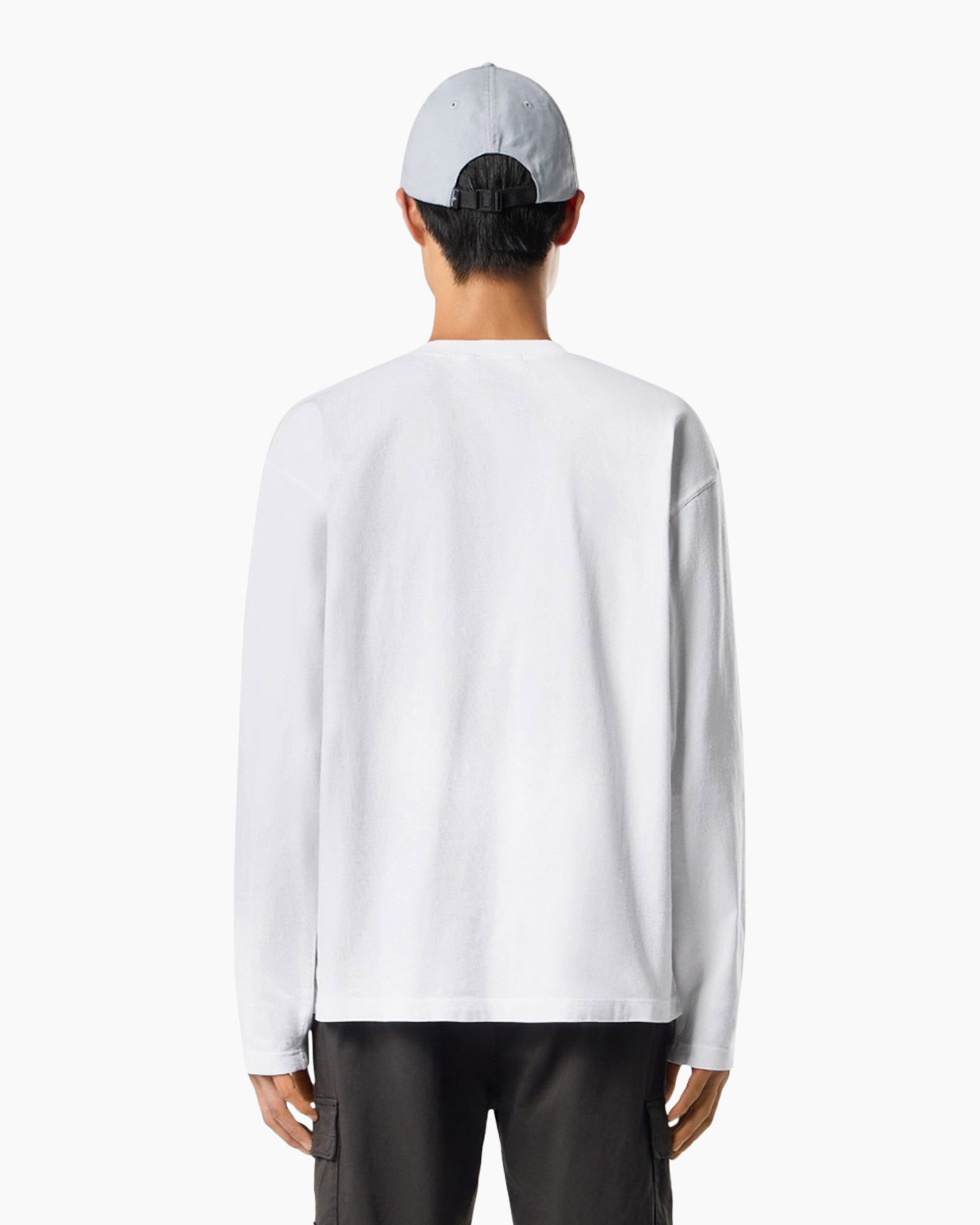 long-sleeve shirt, oval logo, gray cap, cargo pants, minimalist outfit