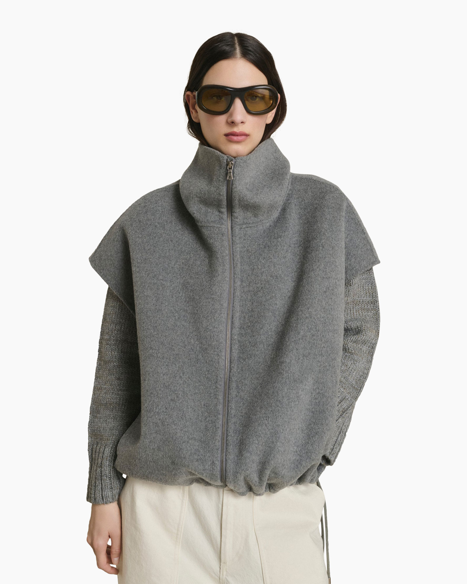 coat, gray, zipper, high collar, oversized