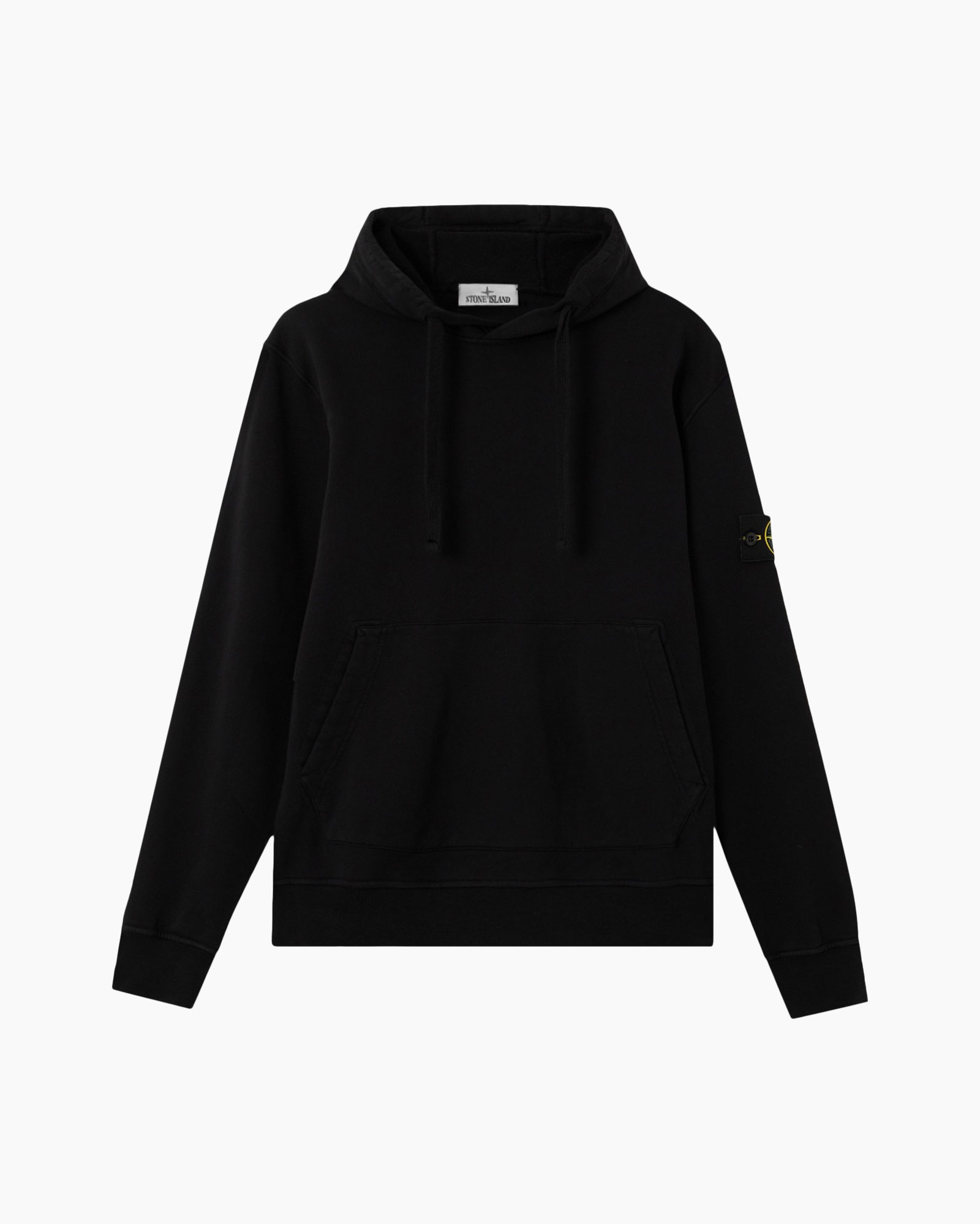 hoodie, black, pullover, kangaroo pocket, logo patch on sleeve