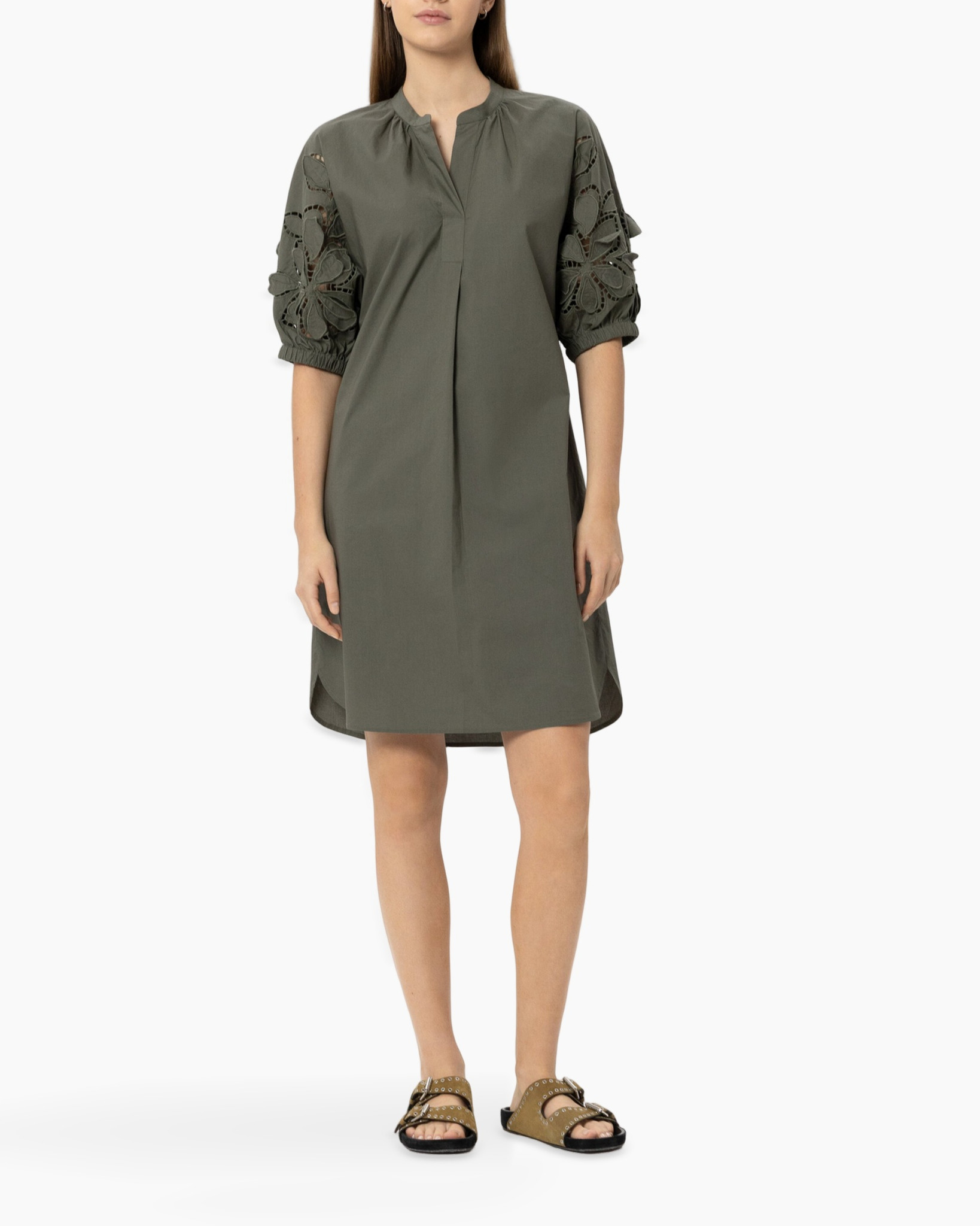 dress, long sleeves, olive green, embroidery, tunic dress