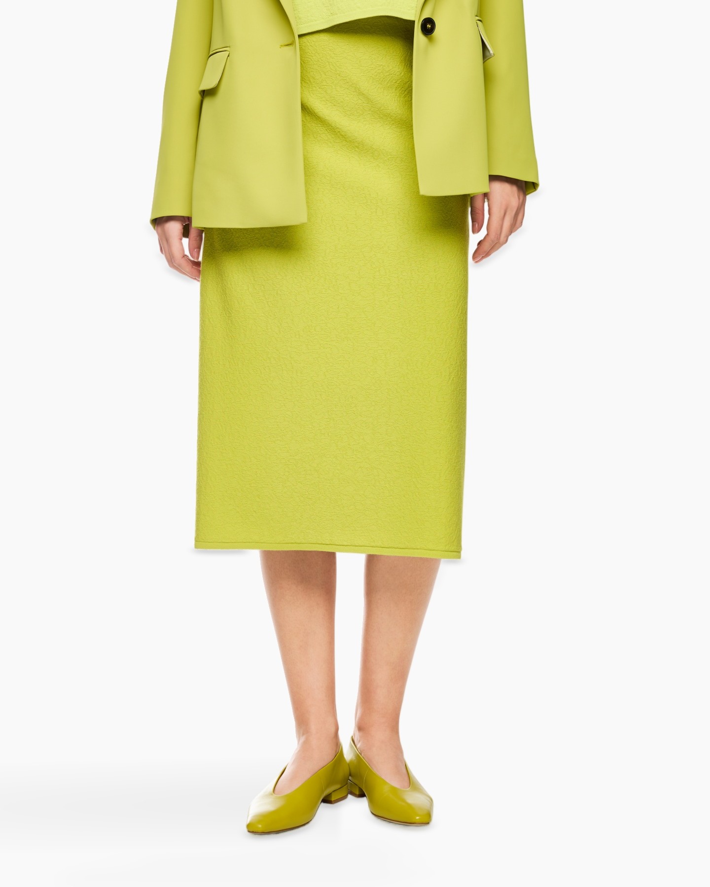 skirt, midi, lime, textured, flat shoes