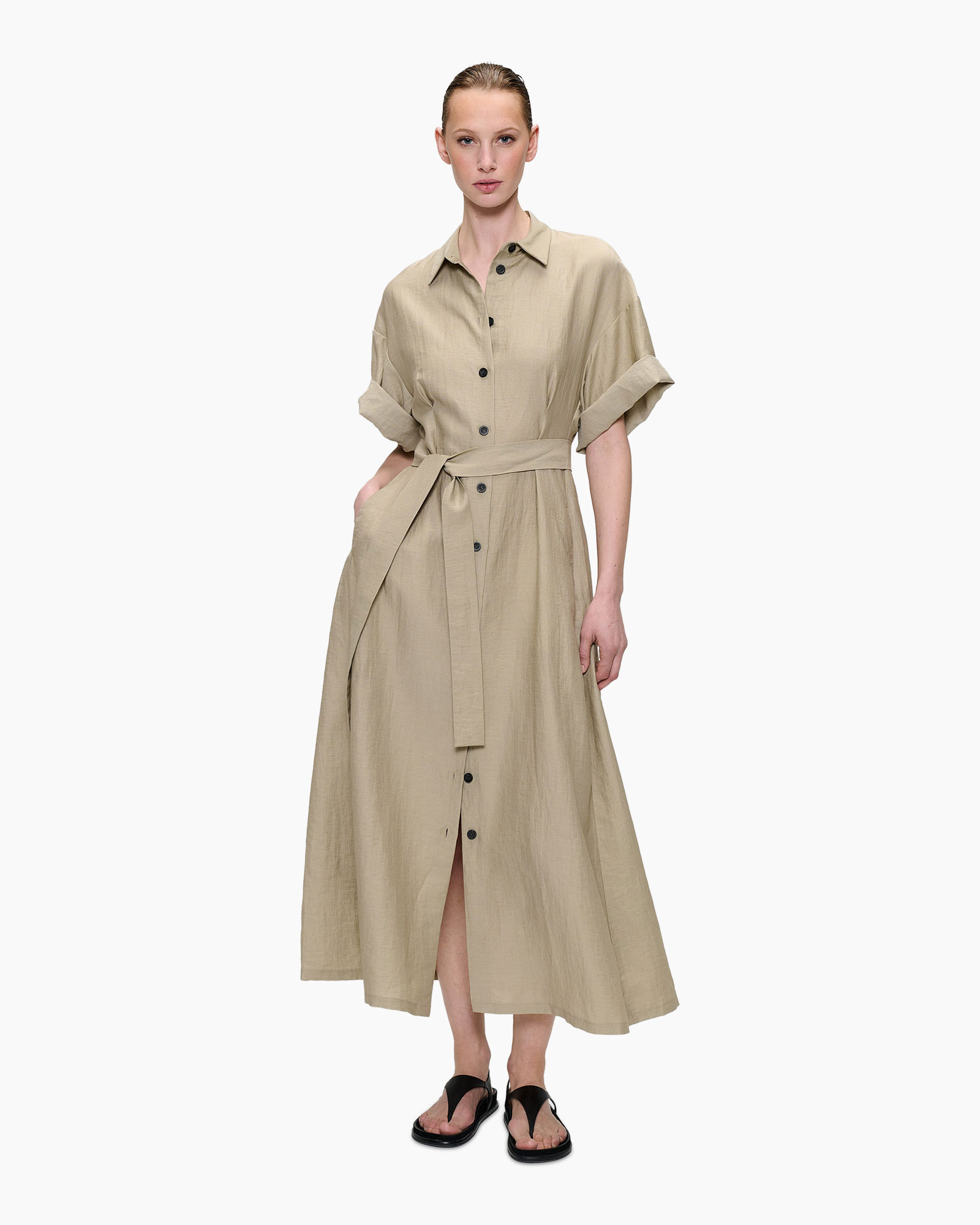 shirt dress, beige, cinched waist, button-down, long dress