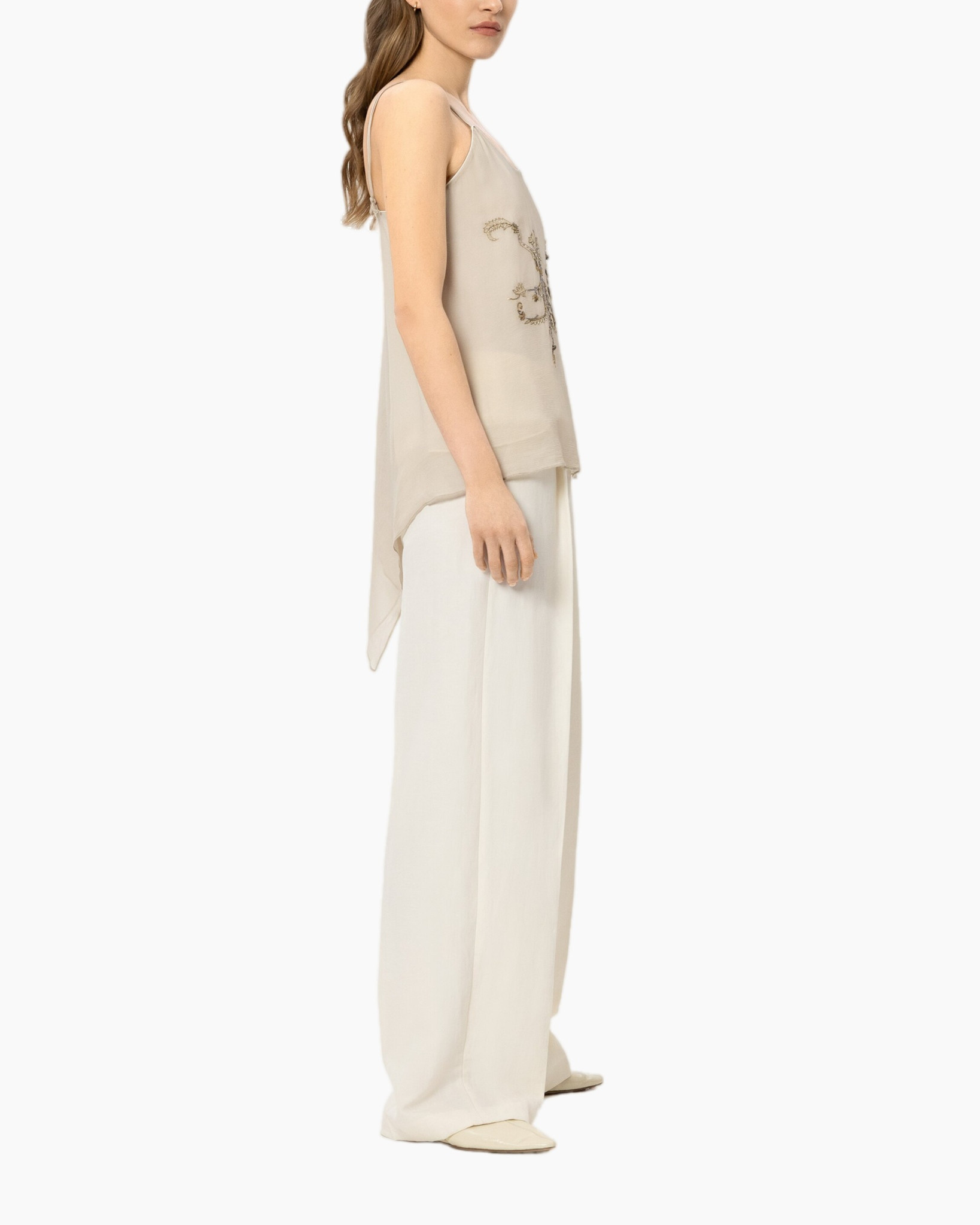 tank top, beige, embellished, silk-like, wide-leg pants