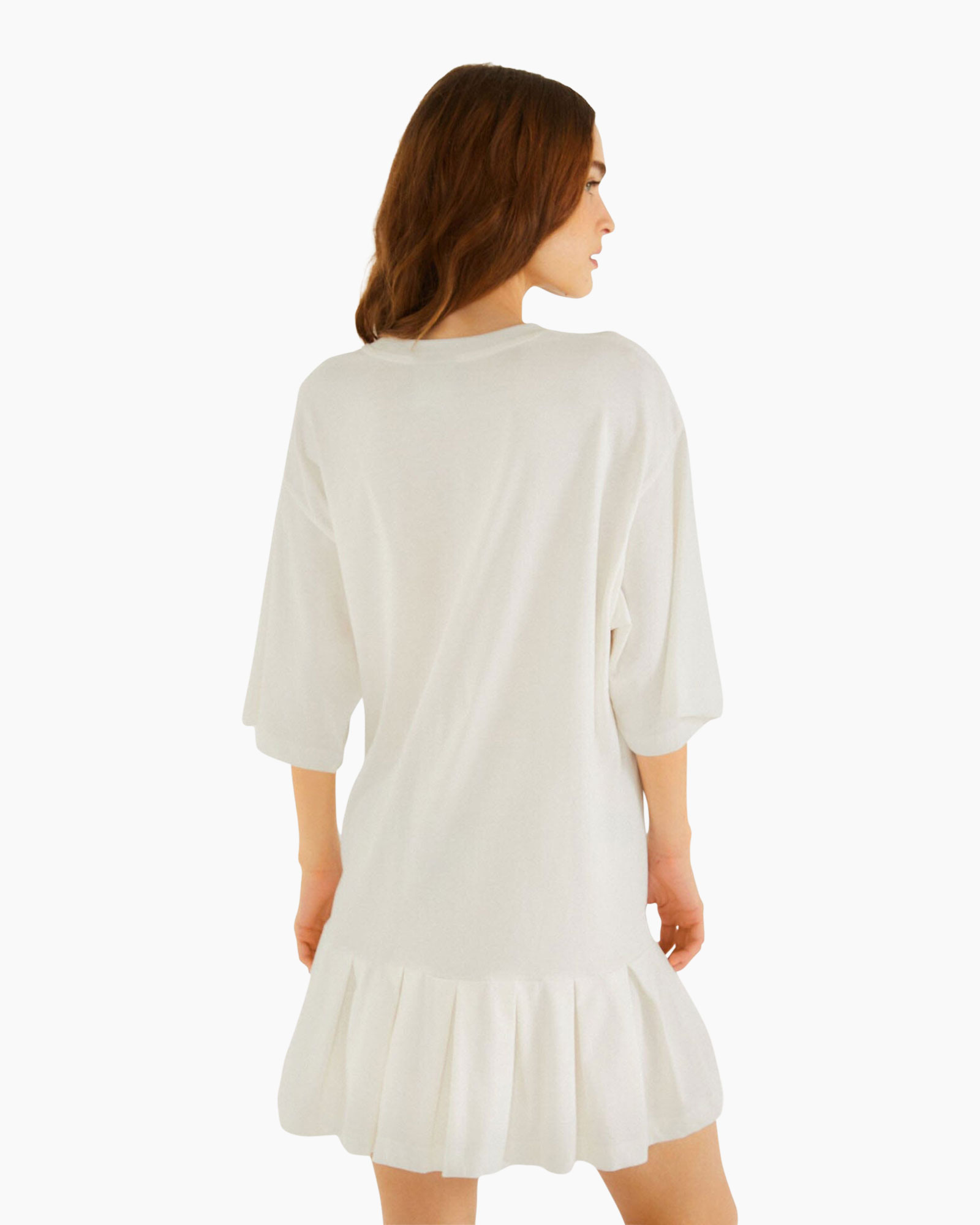 dress, white, gigot-sleeve, pleated hem, knee-length