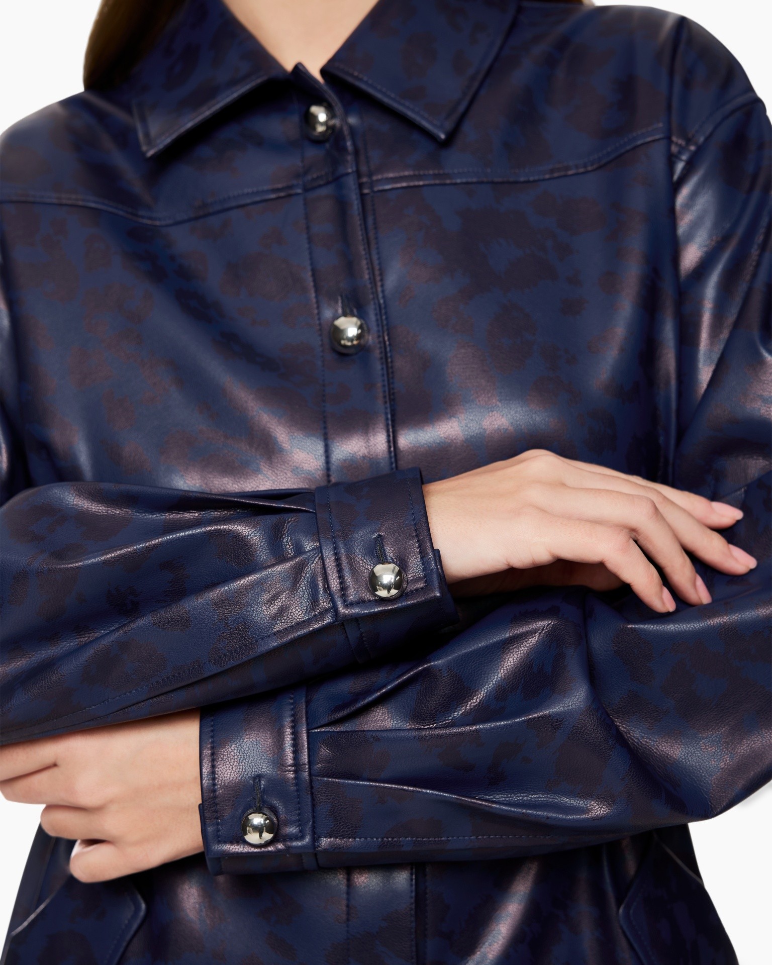 leather shirt, dark blue, metal snap buttons, long sleeve, collared shirt