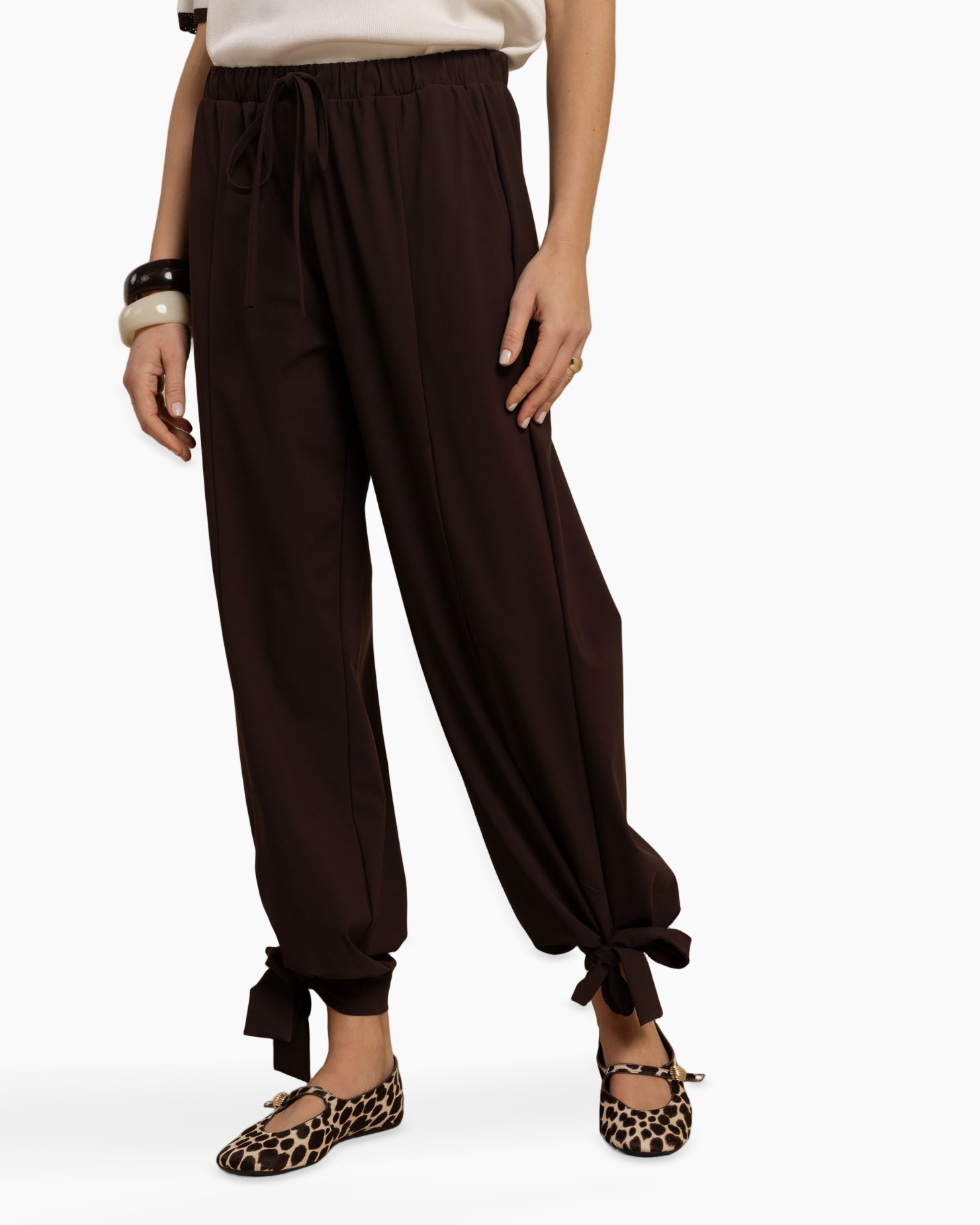 pants, drawstring, ankle-length, brown, leopard-print-shoes