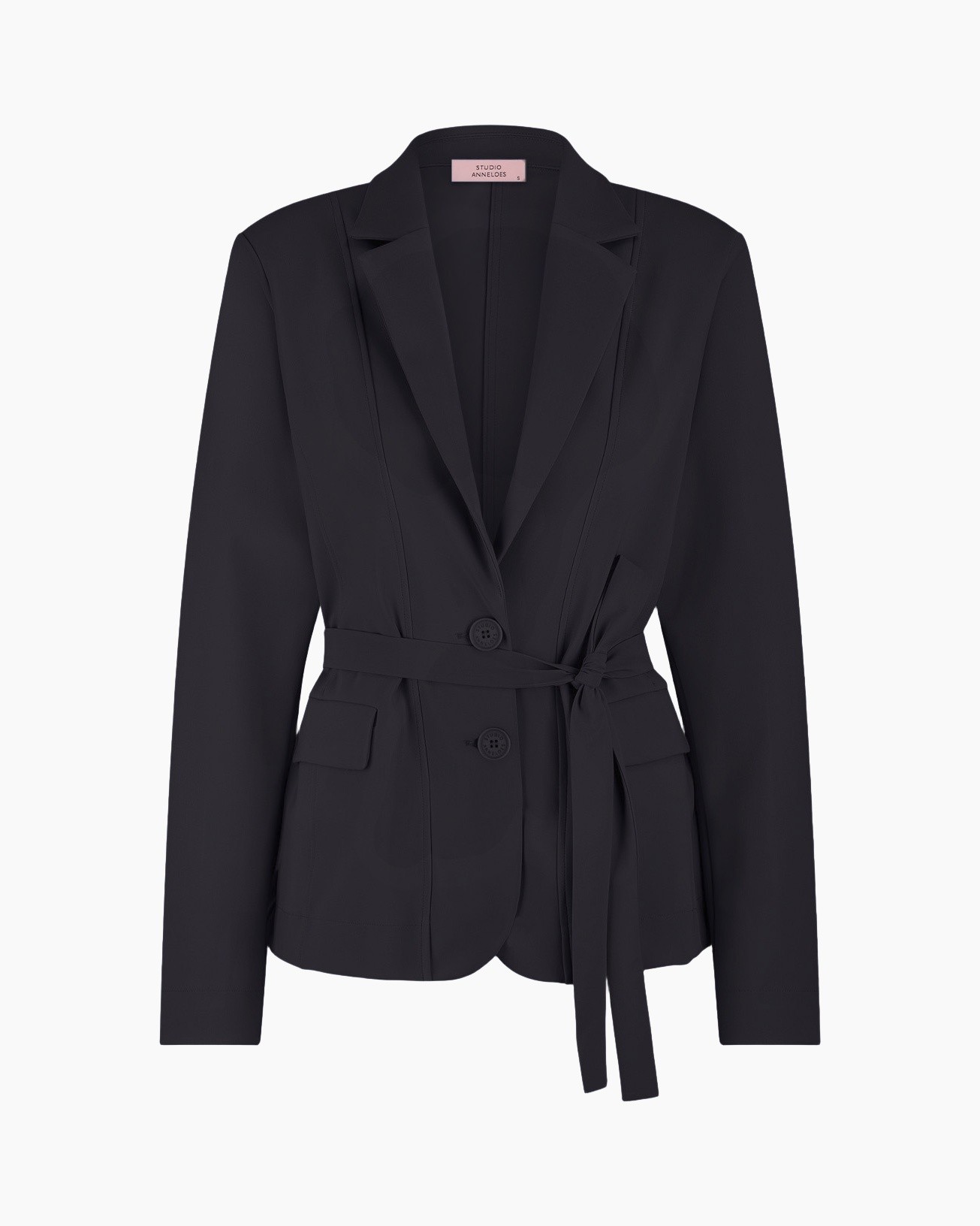 blazer, belted, dark, long-sleeve, lapel
