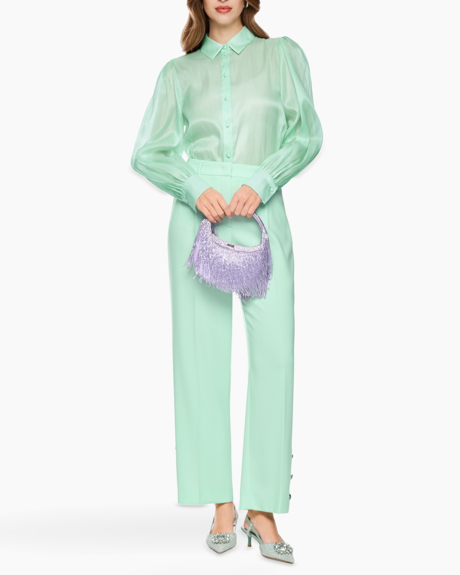 mint green, button-up shirt, puff sleeves, wide-leg pants, fringe bag