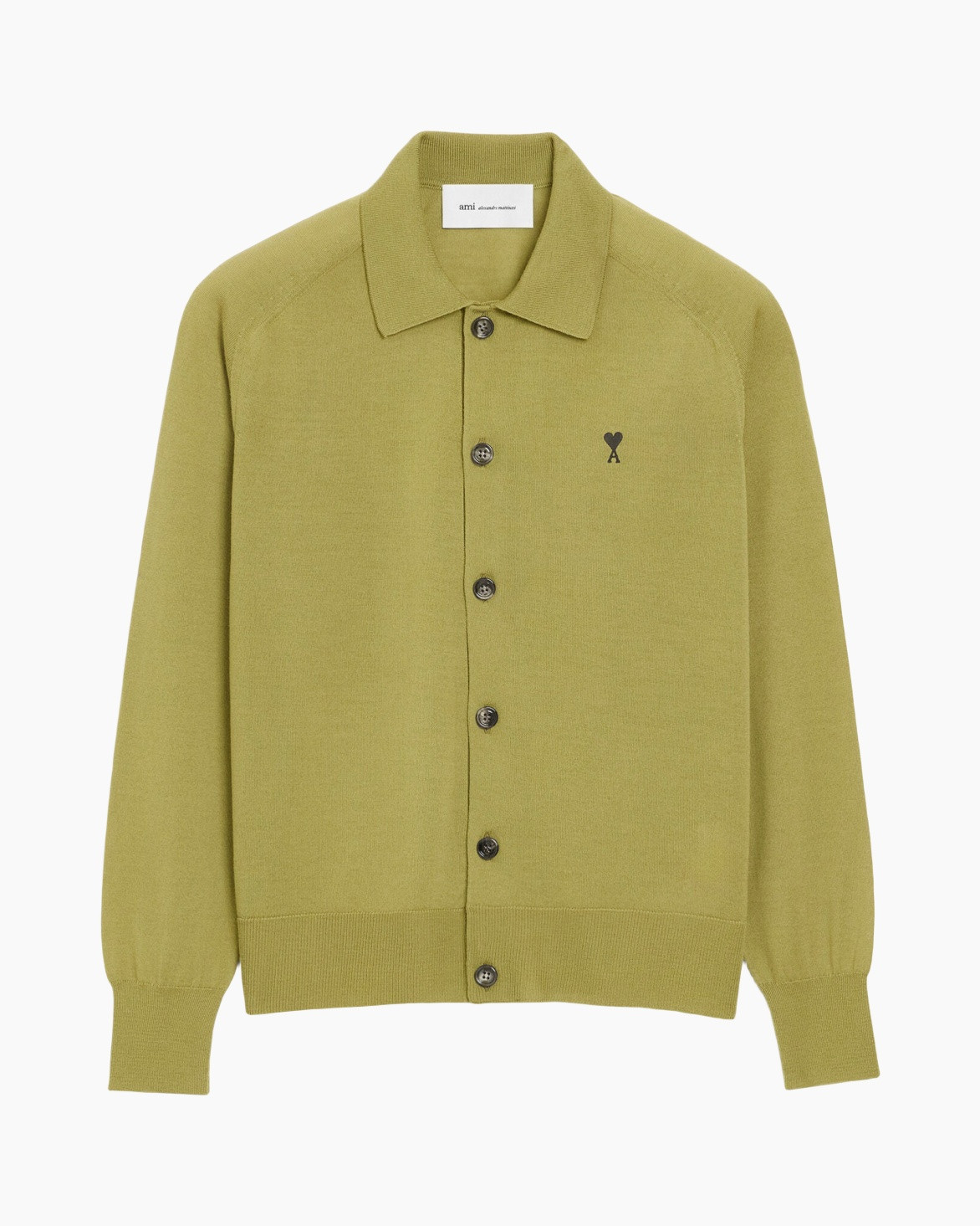 cardigan, long sleeve, button front, olive, logo small