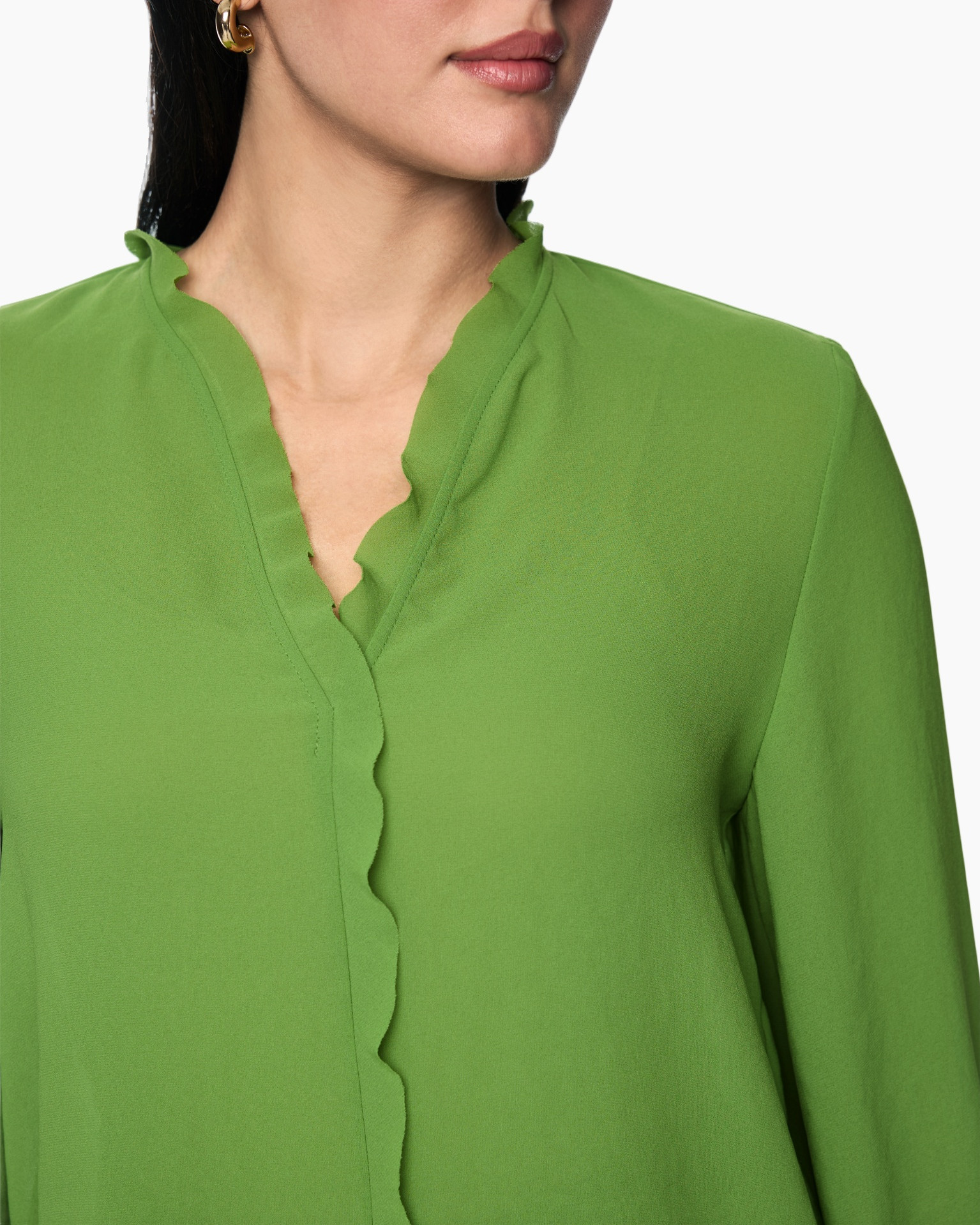 green, blouse, collared, pleated, long-sleeve