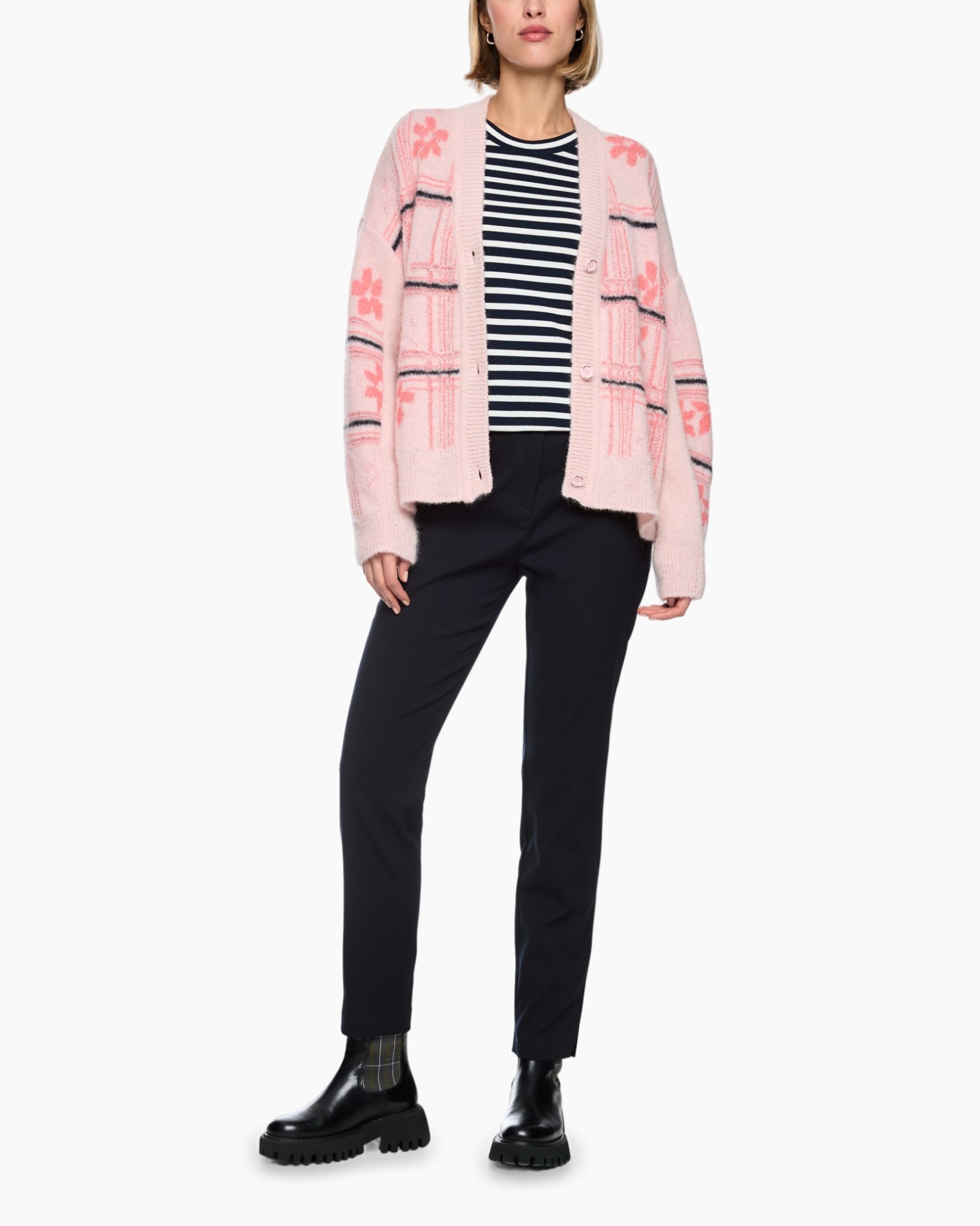 cardigan, pink, patterned, loose, knit