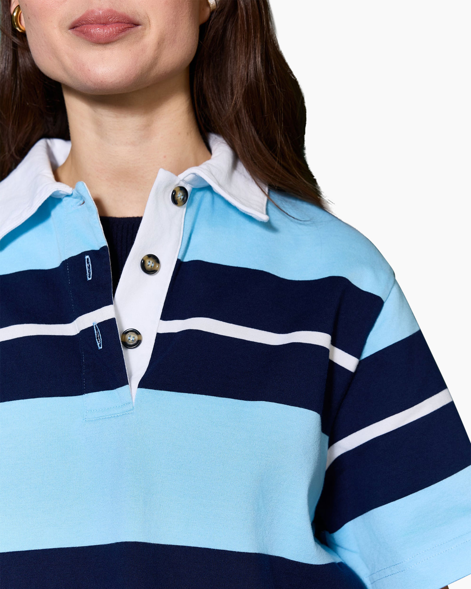 Shirt, Blouse, Jeans, T-Shirt, Person, striped polo, polo shirt, short sleeves, blue hues, casual top