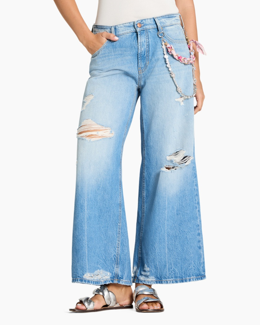 distressed jeans, wide-leg, light wash, ripped denim, ankle-length sandals