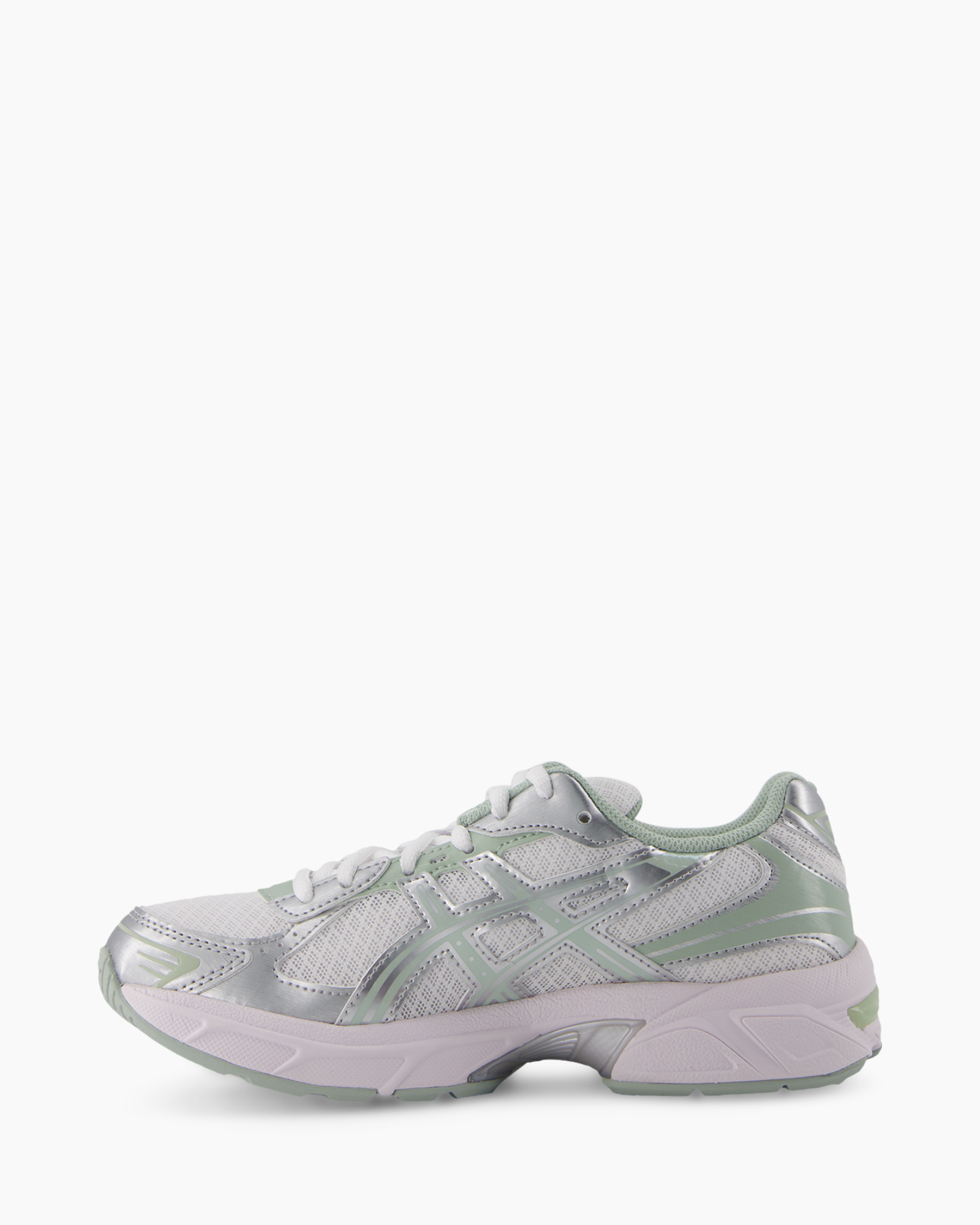 running shoe, sneaker, mesh, silver, green accents