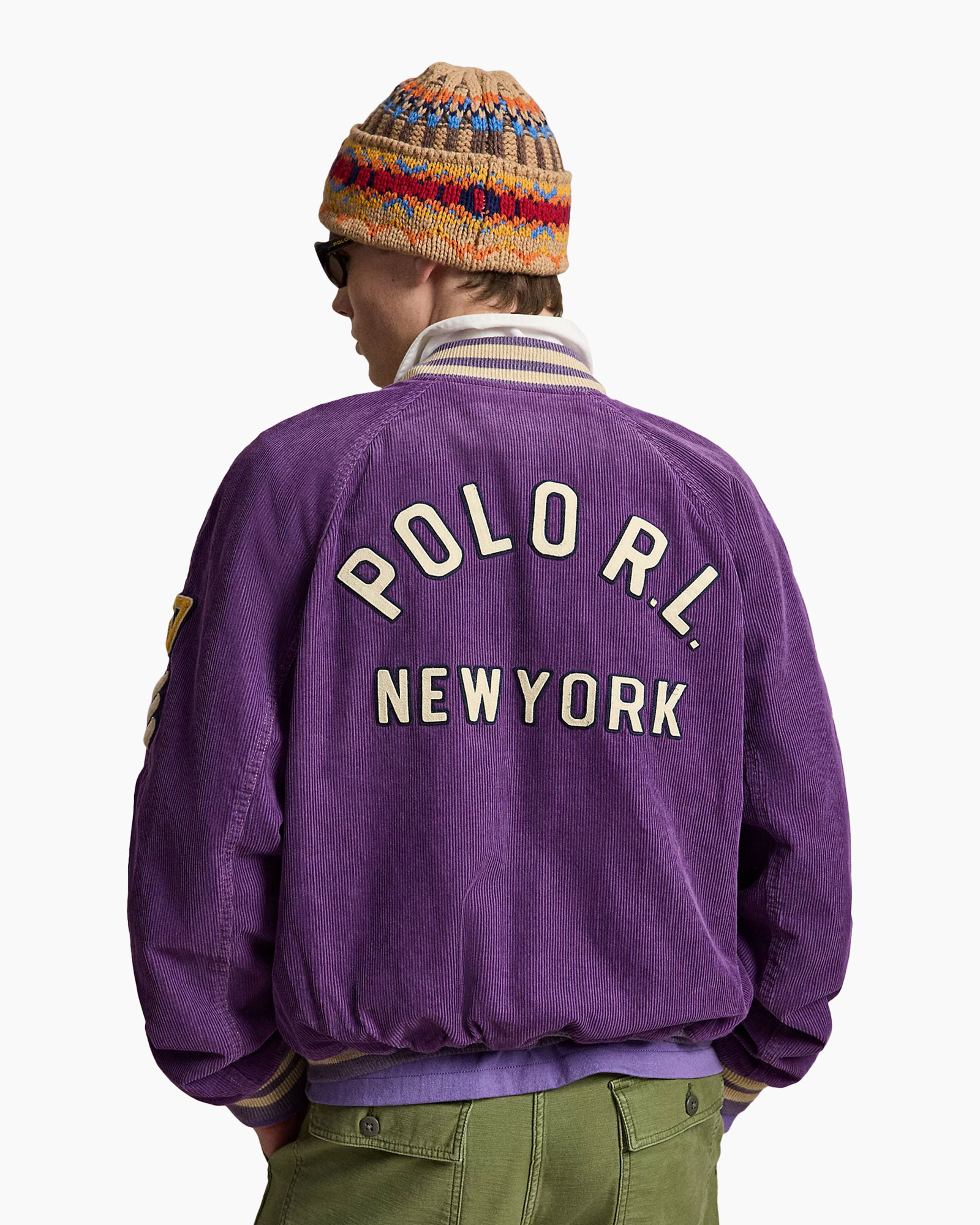 corduroy jacket, varsity jacket, purple, patch, striped shirt