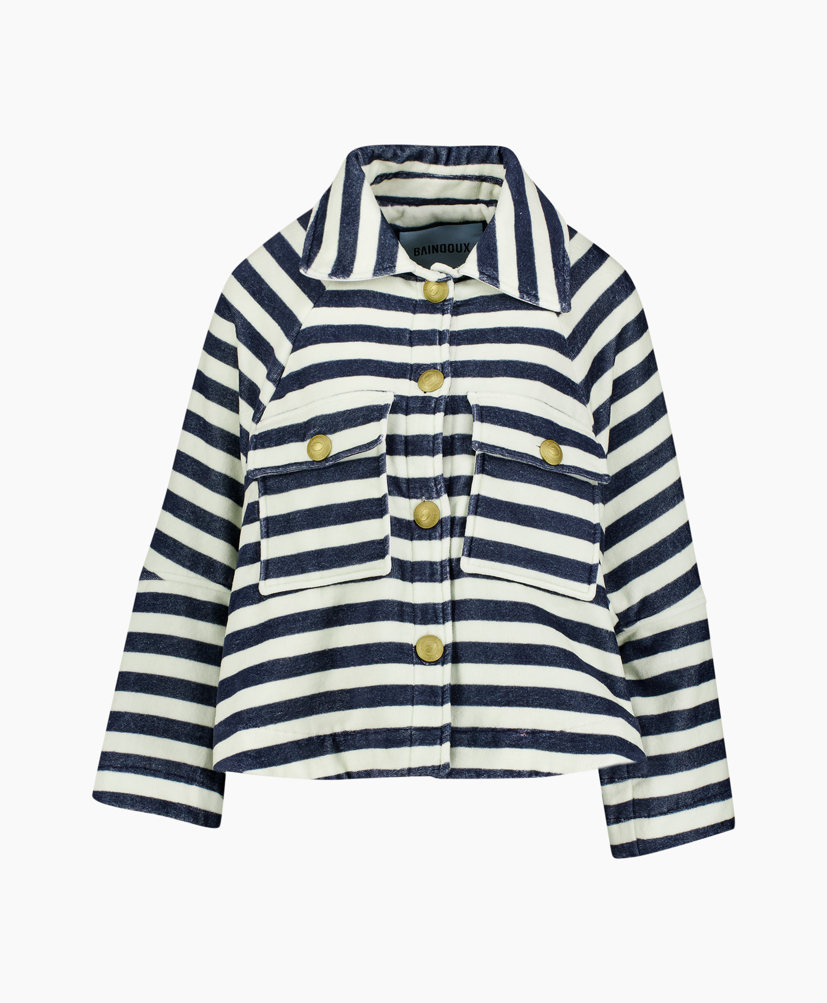 striped jacket, navy white, button front, pocket flap, collar jacket