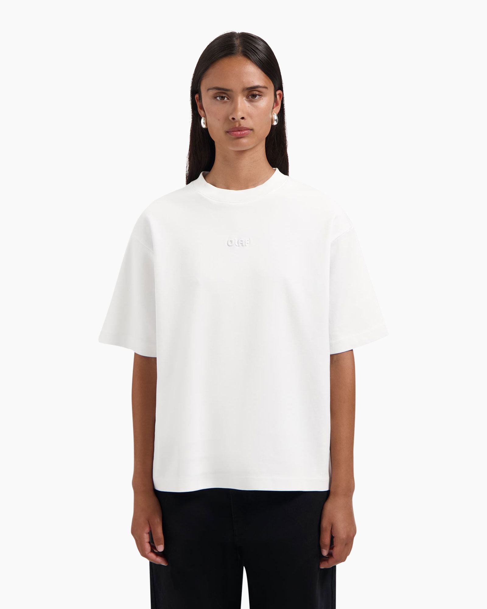 t-shirt, white, short sleeve, crew neck, embossed logo