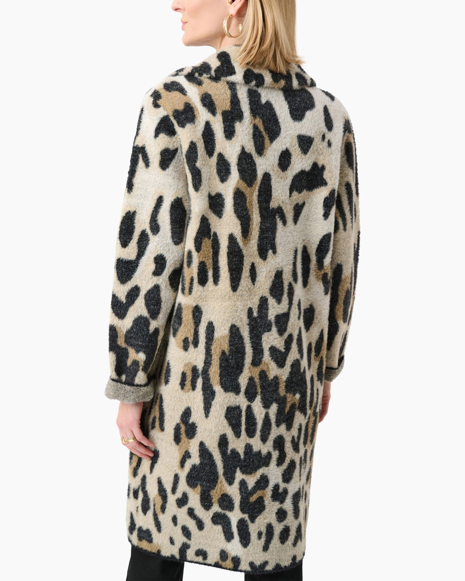 coat, leopard print, long coat, fuzzy, patch pockets