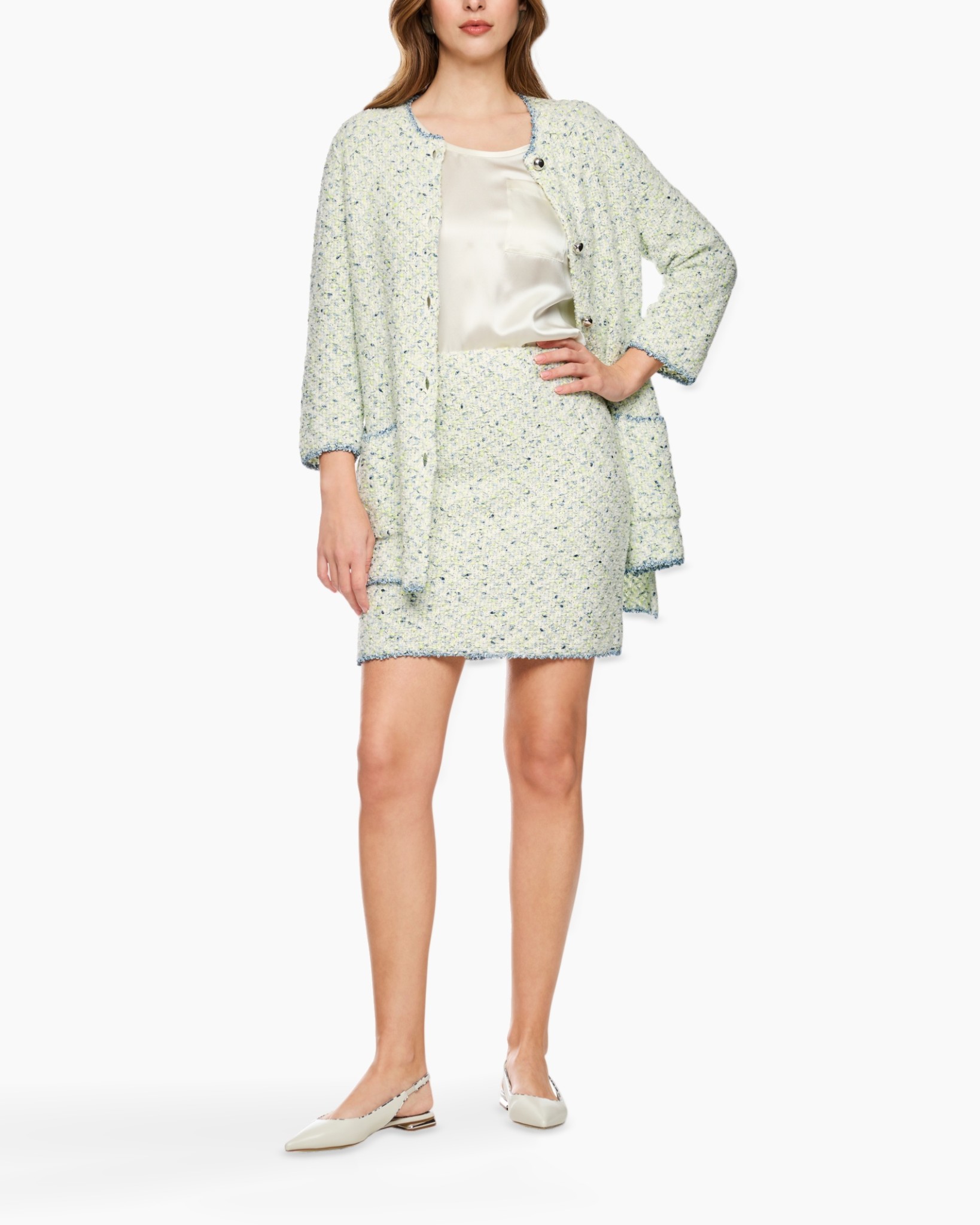 tweed, skirt, jacket, polka, pastel