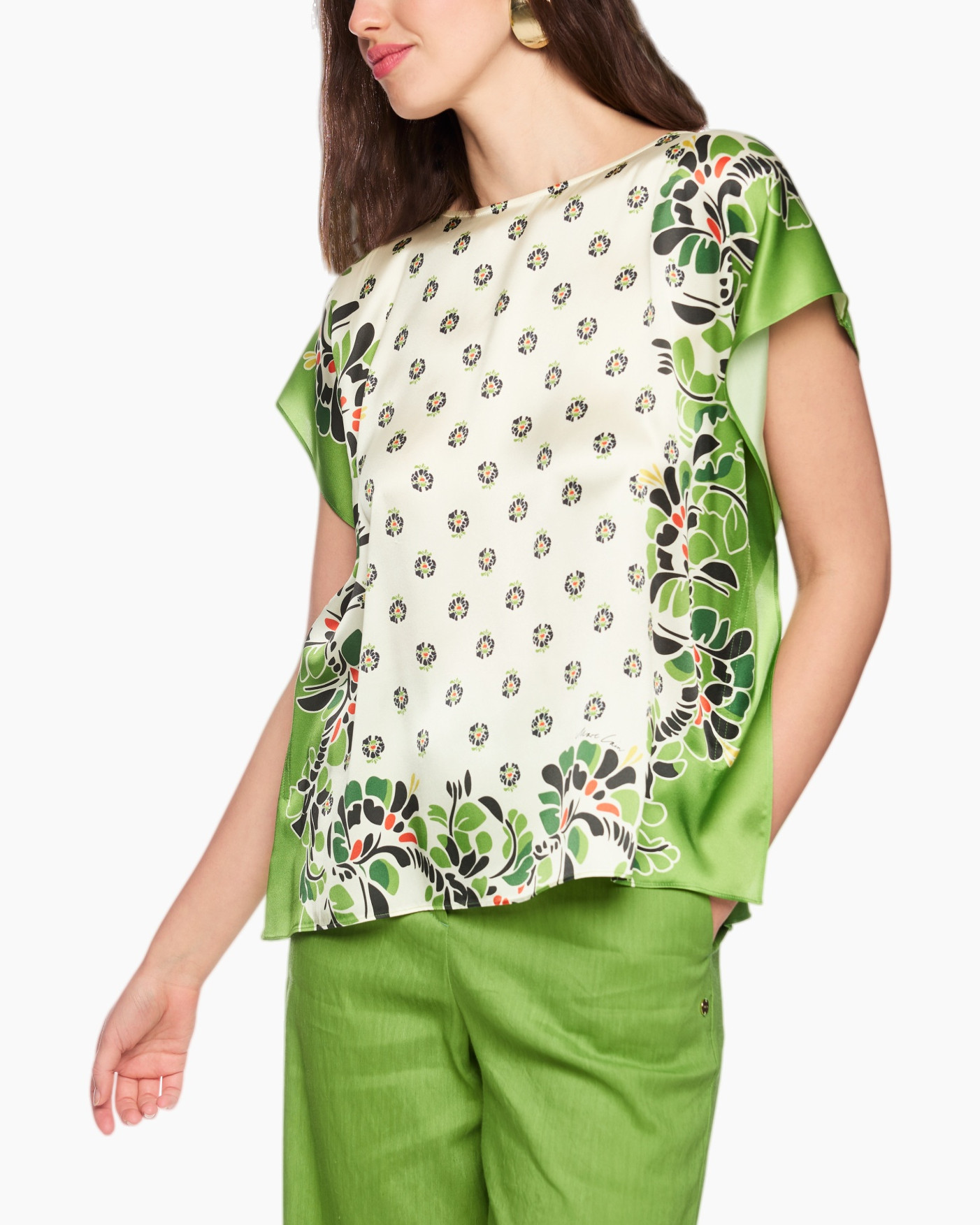 top, blouse, silk, green, floral