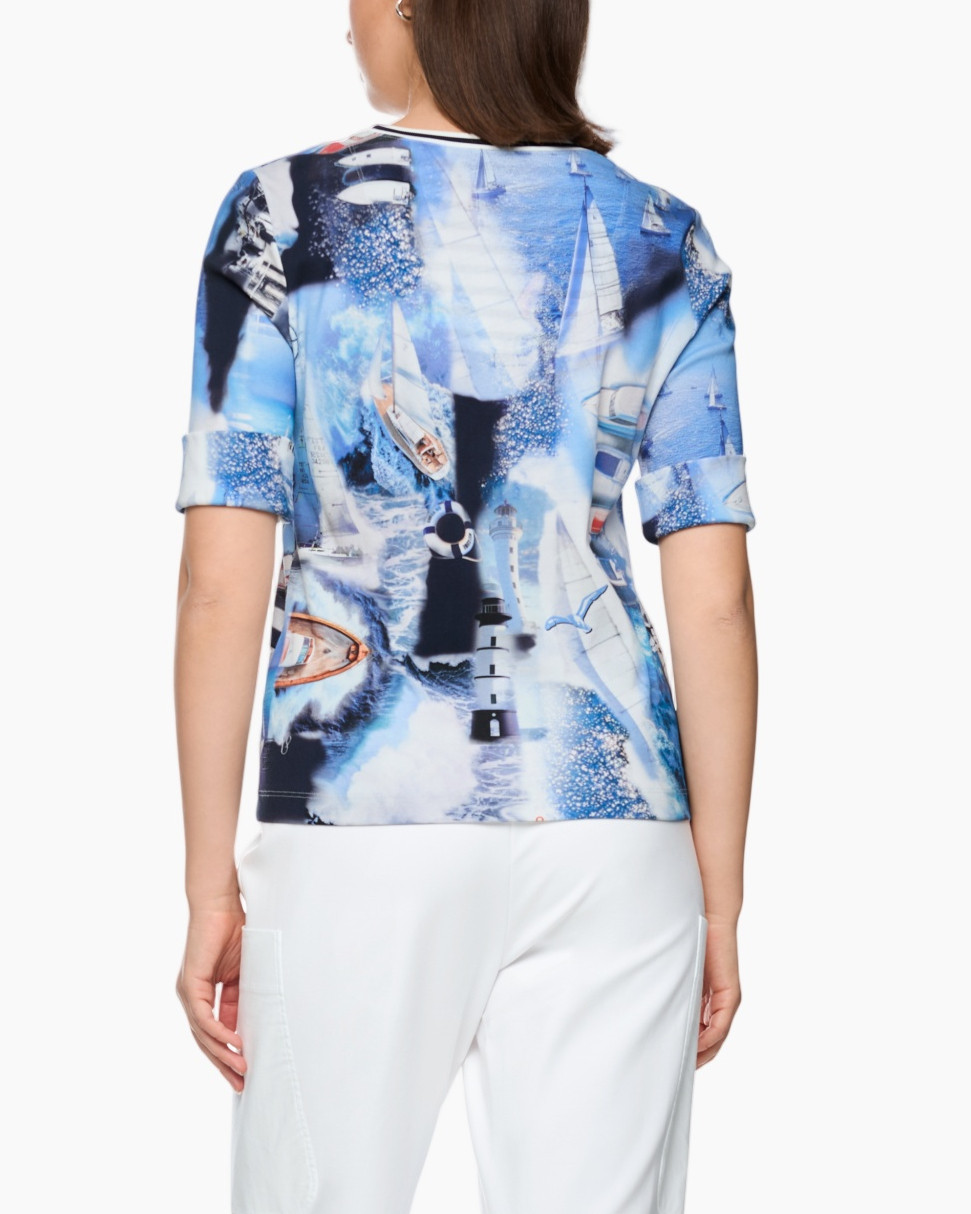 blouse, sailboat, nautical, blue, printed
