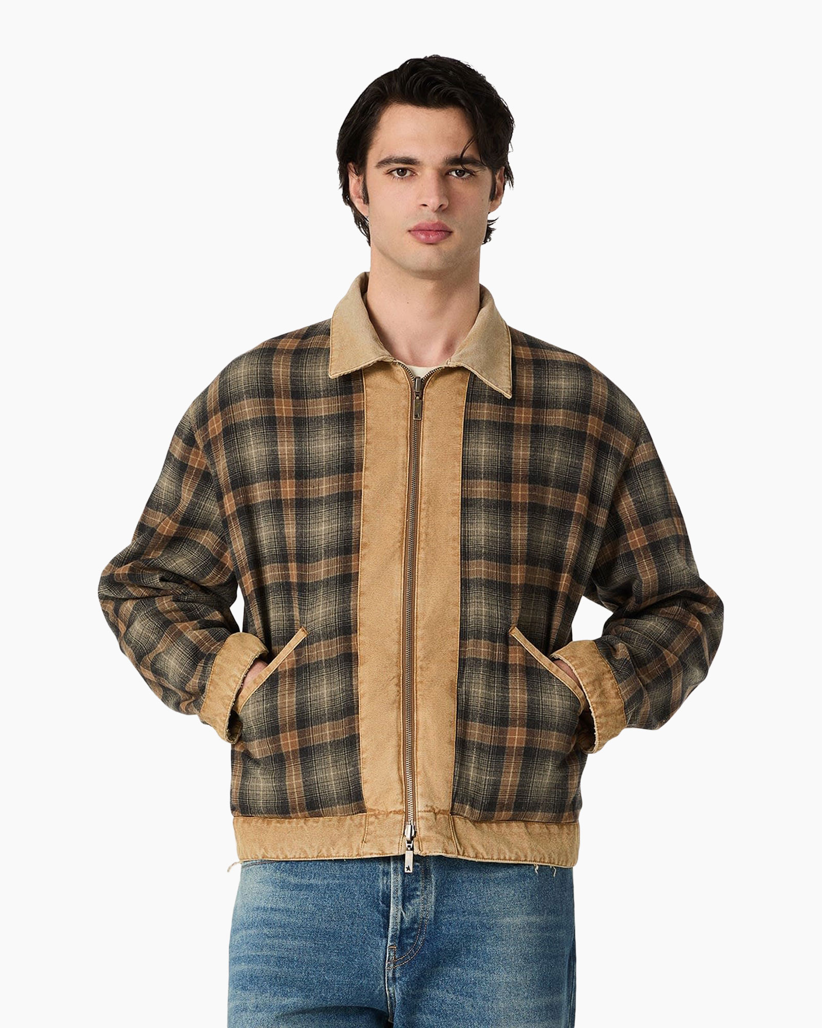 plaid, jacket, zip, cotton, brown-tan