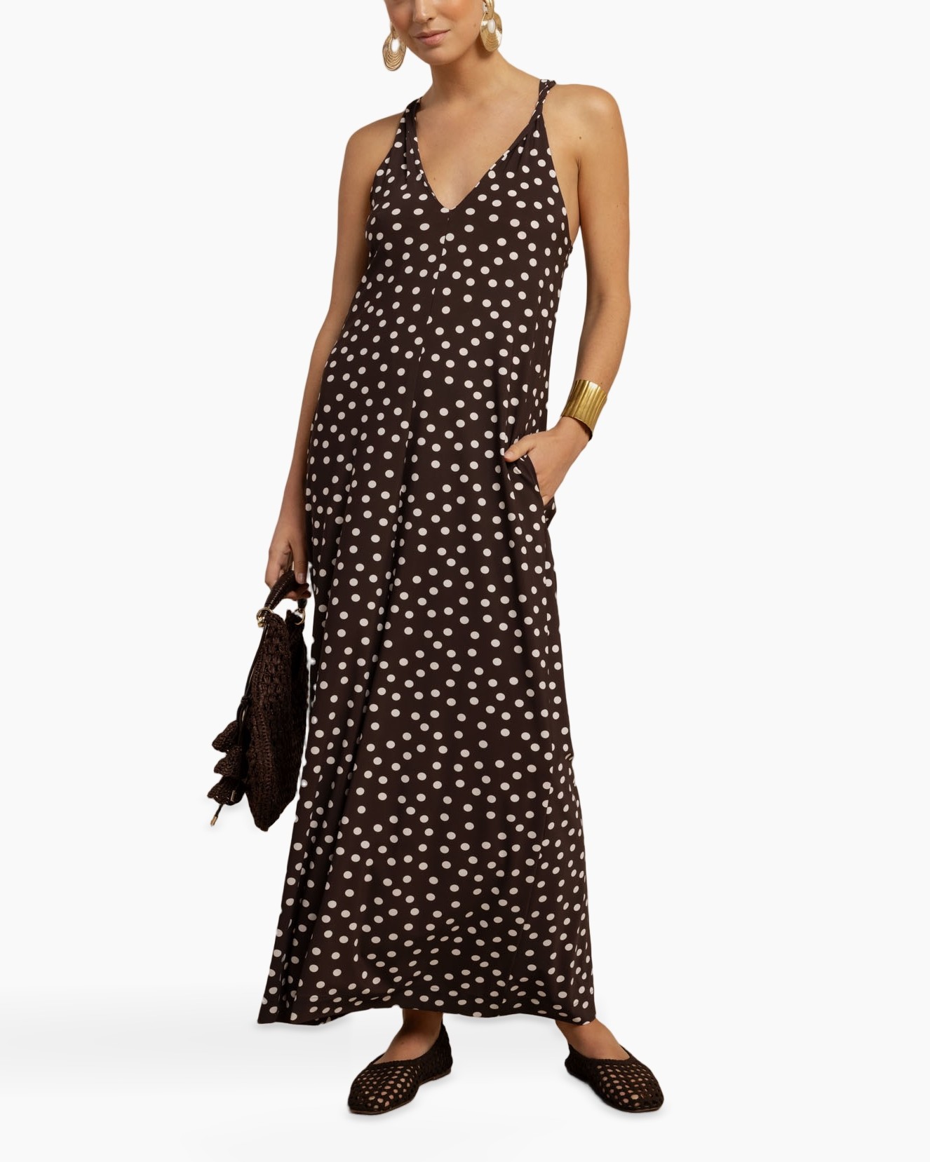 Maxi dress, Polka dot, Spaghetti straps, Brown, Sleeveless