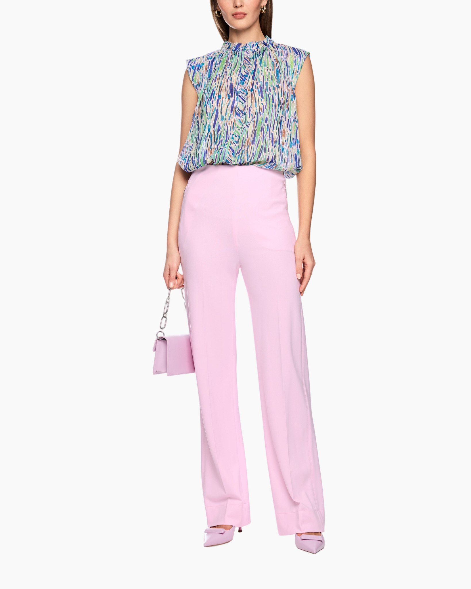 top, pink trousers, wide-leg pants, flutter sleeve, patterned blouse