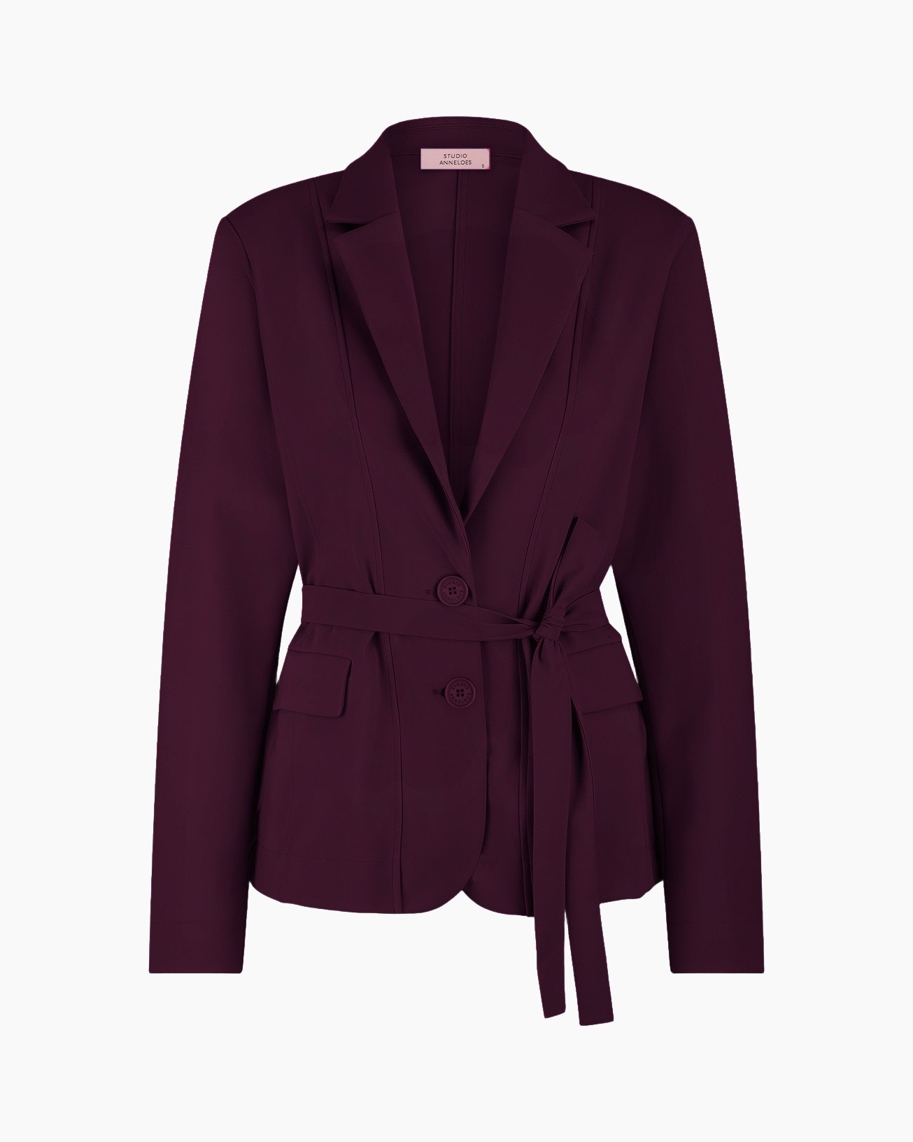 blazer, belted, peplum?, buttoned, burgundy