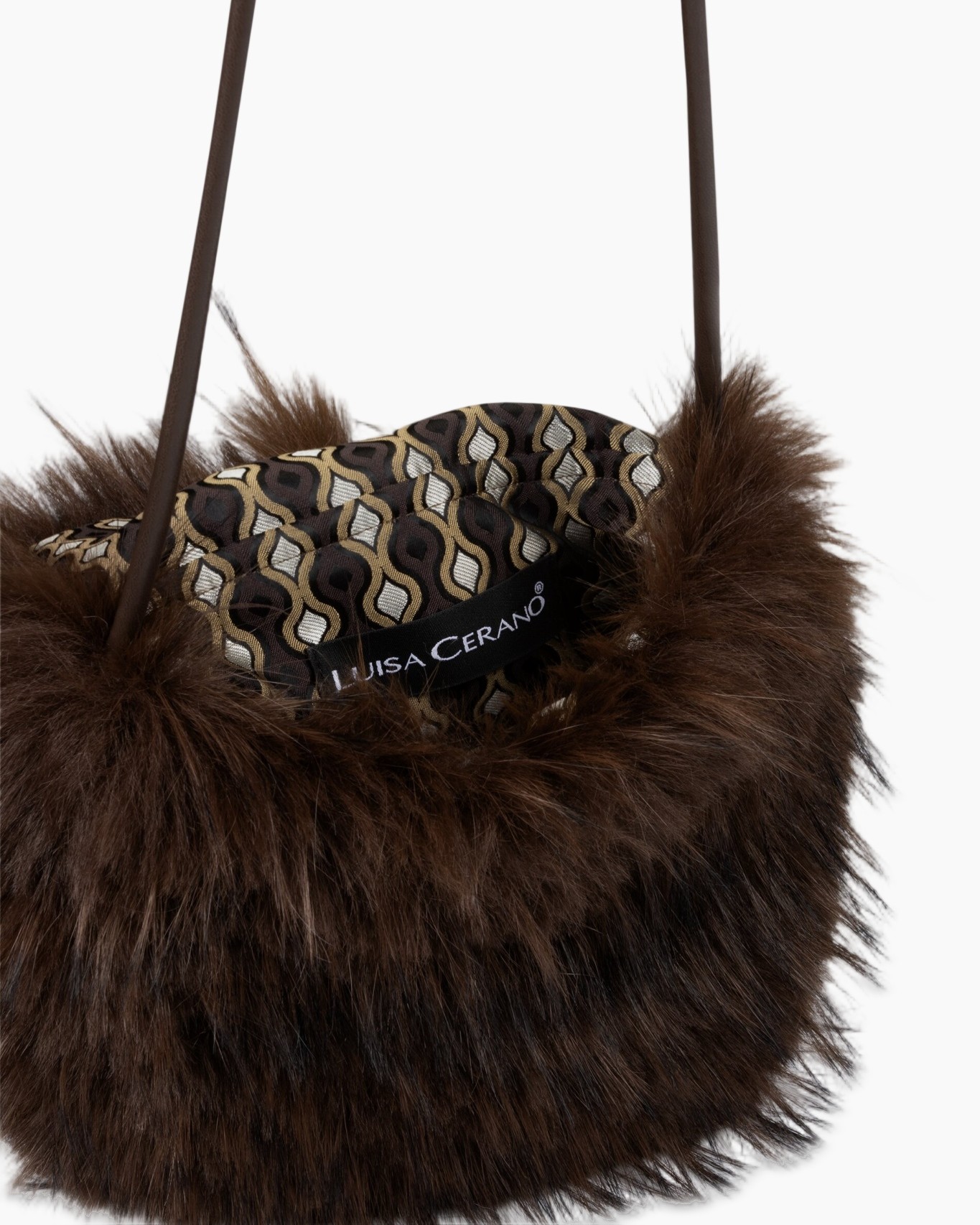 fur, fluffy, bag, brown, patterned lining