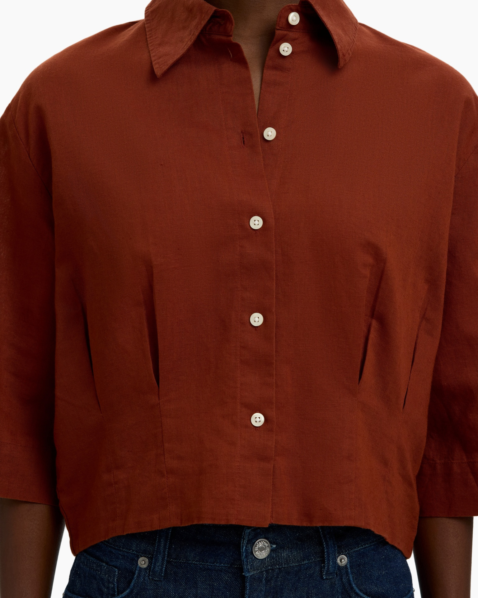 button-down, collar, linen, rust, short-sleeve
