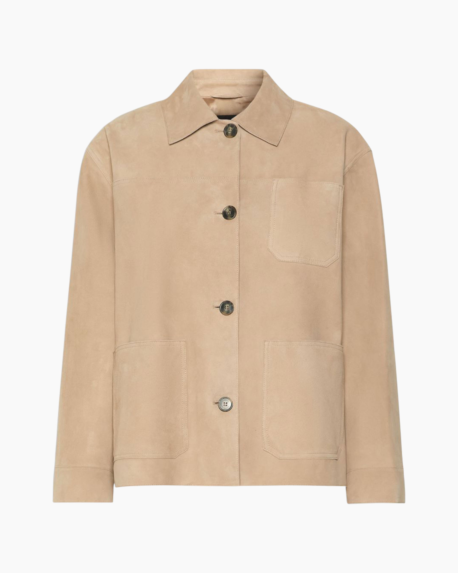beige, suede, jacket, button-front, pocketed