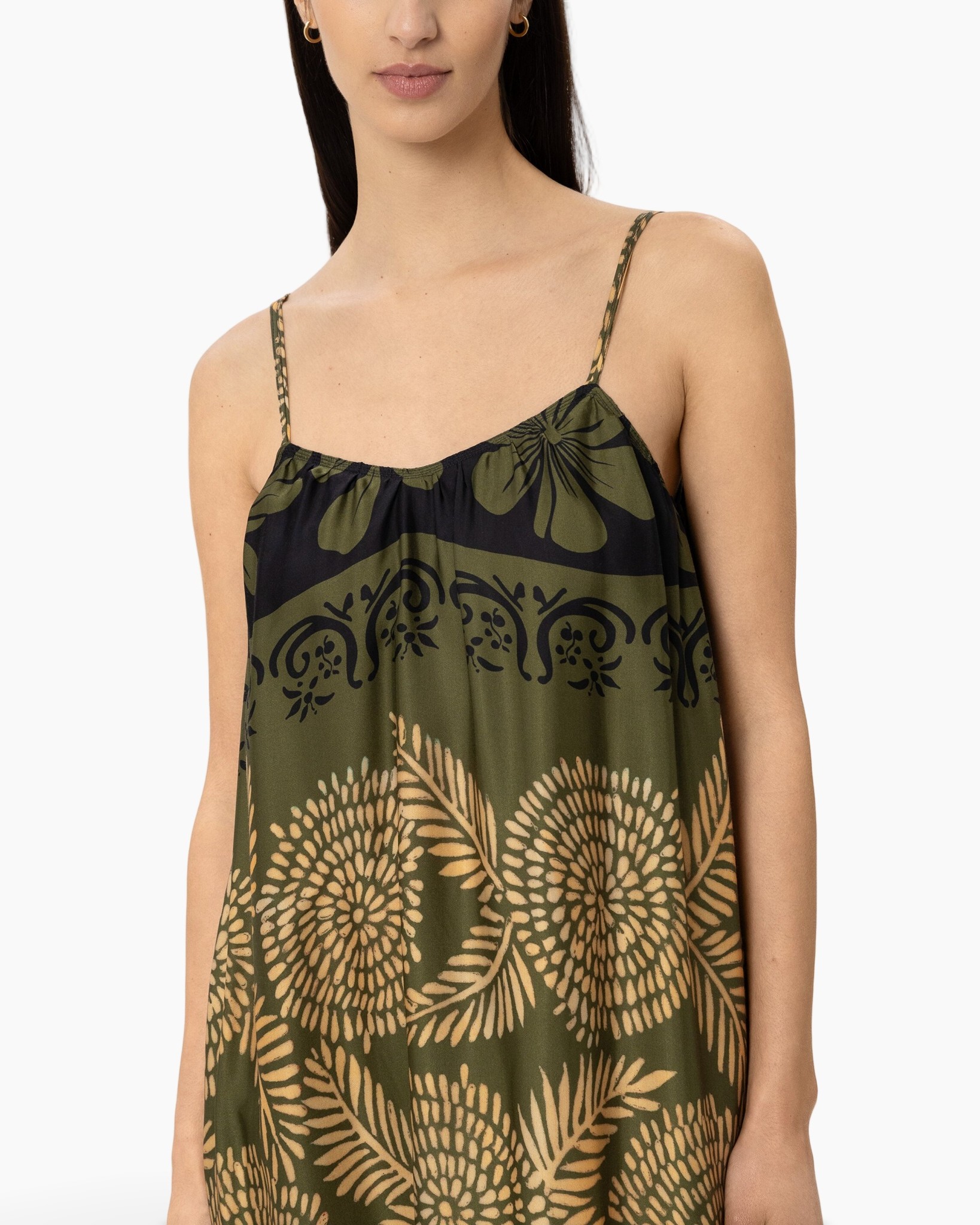 spaghetti straps, sundress, floral pattern, olive green, loose fit