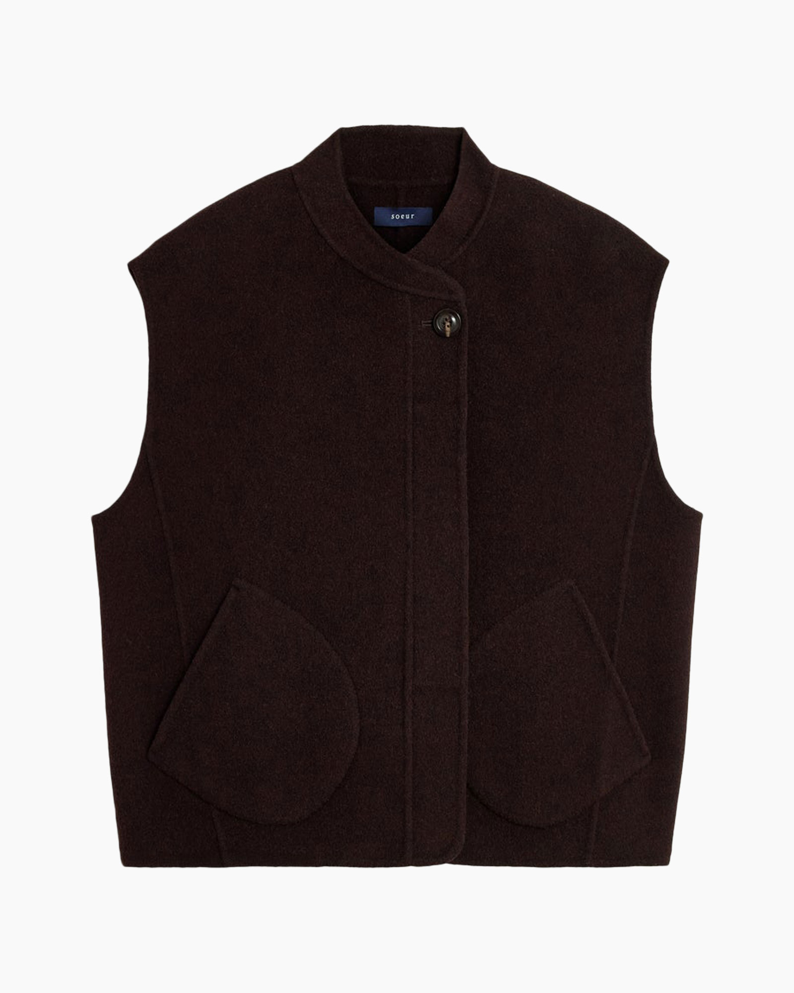 vest, sleeveless, padded, brown, buttoned