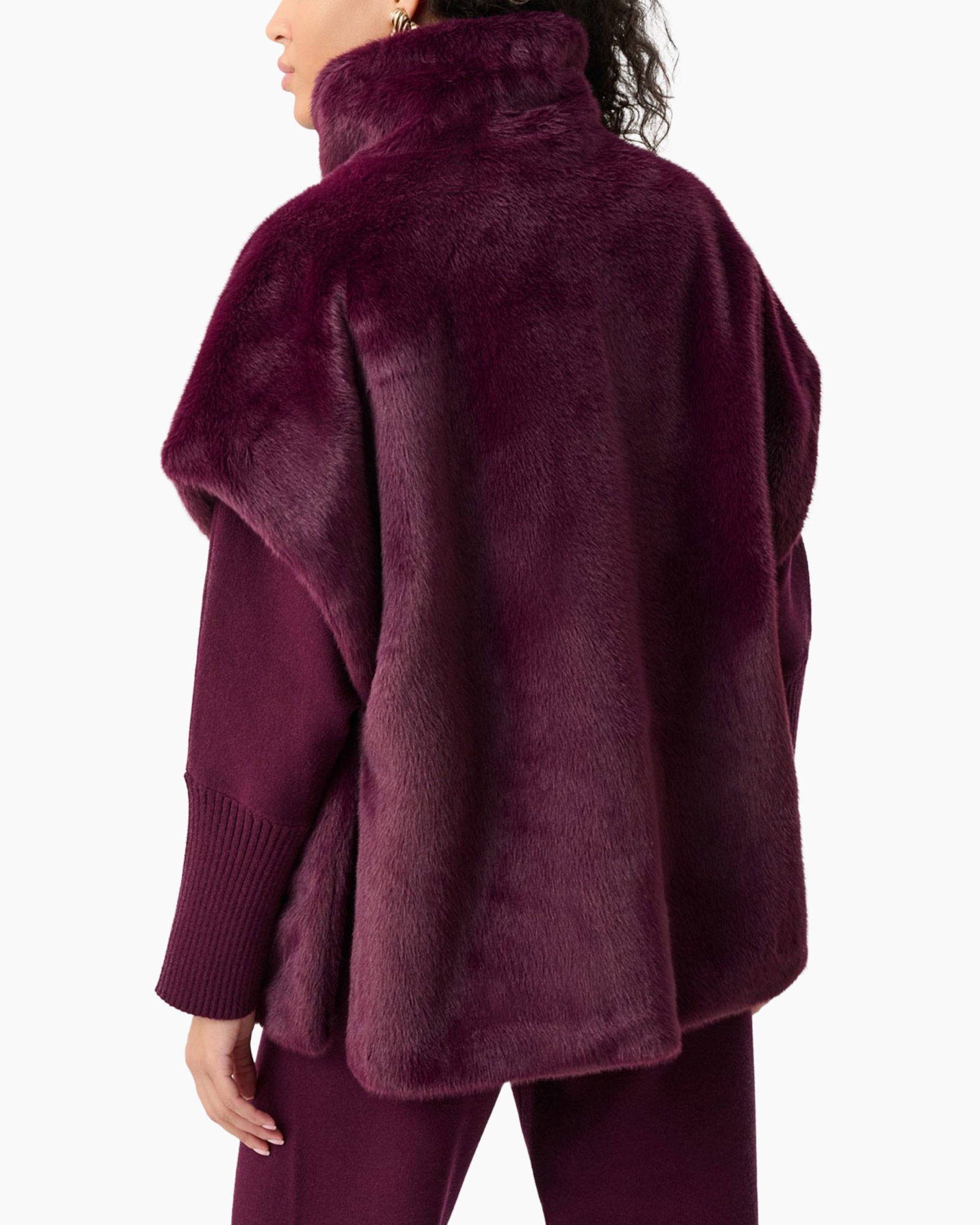 faux fur, burgundy, cape coat, high collar, plush texture