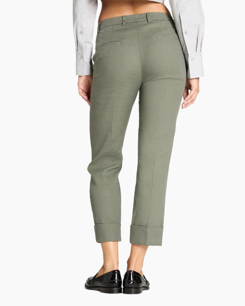 pants, olive, slim, ankle-length, rolled-cuff