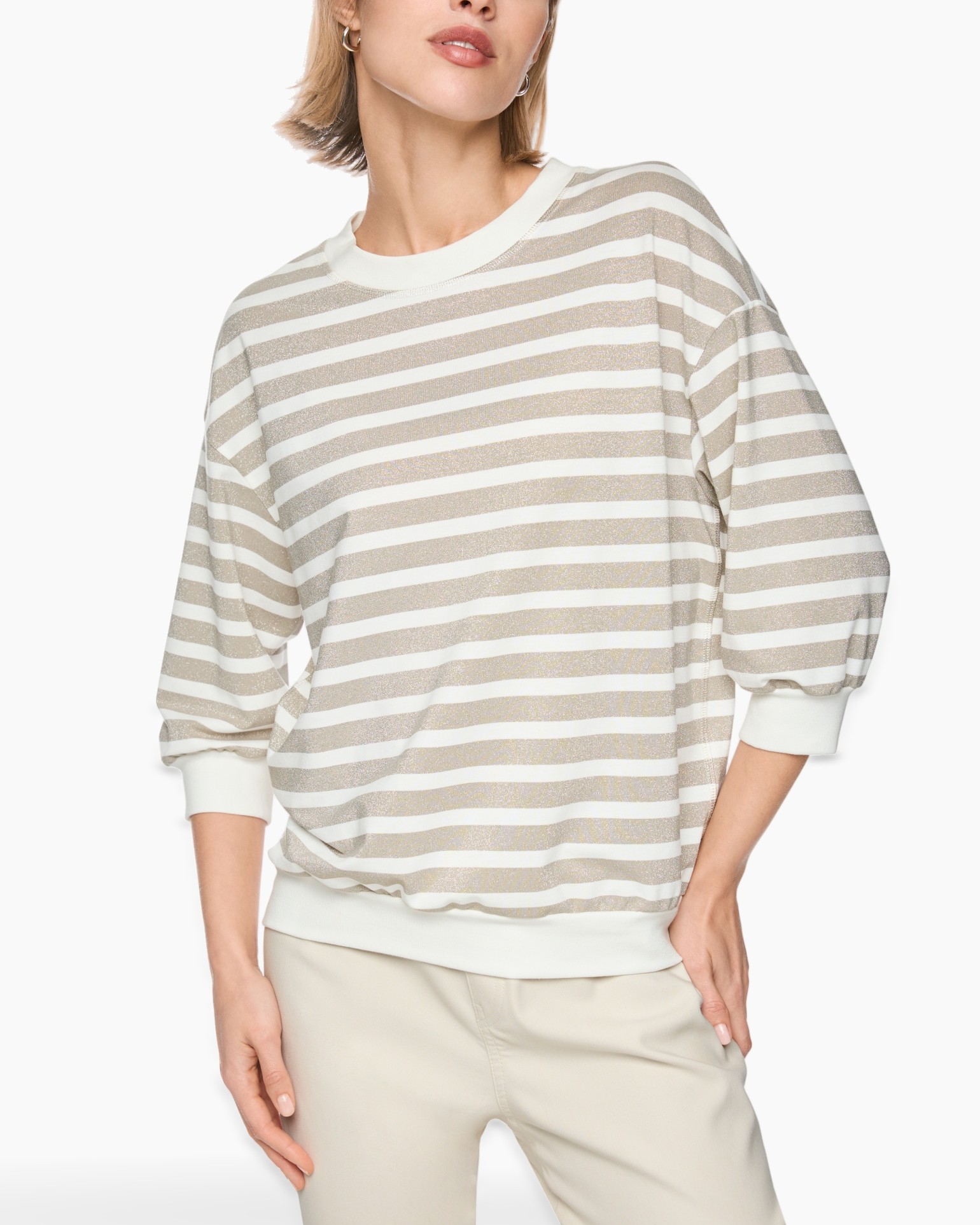 striped sweater, long sleeve, crew neck, beige white, loose fit