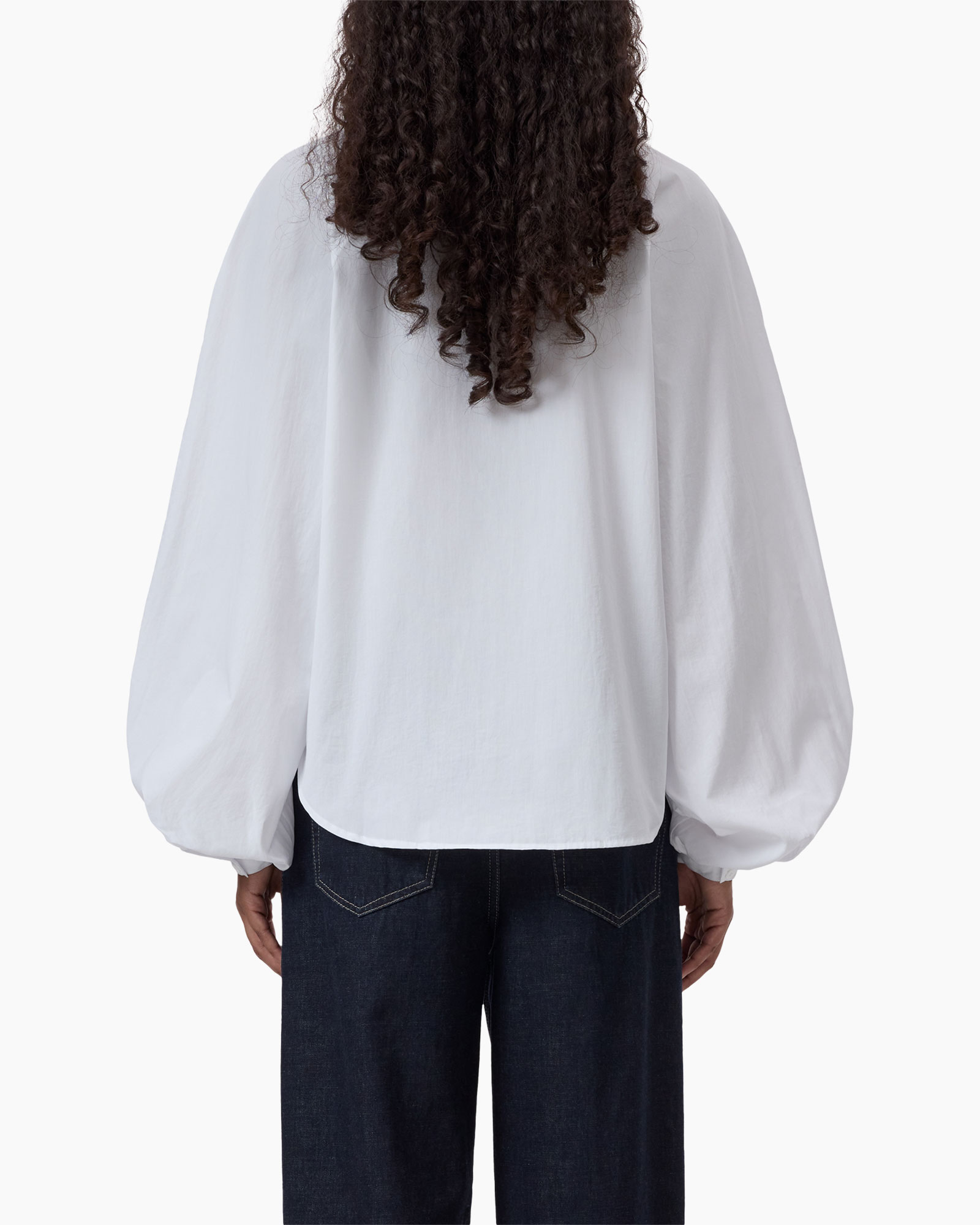 white blouse, loose fit, puffed sleeves, cotton, back view