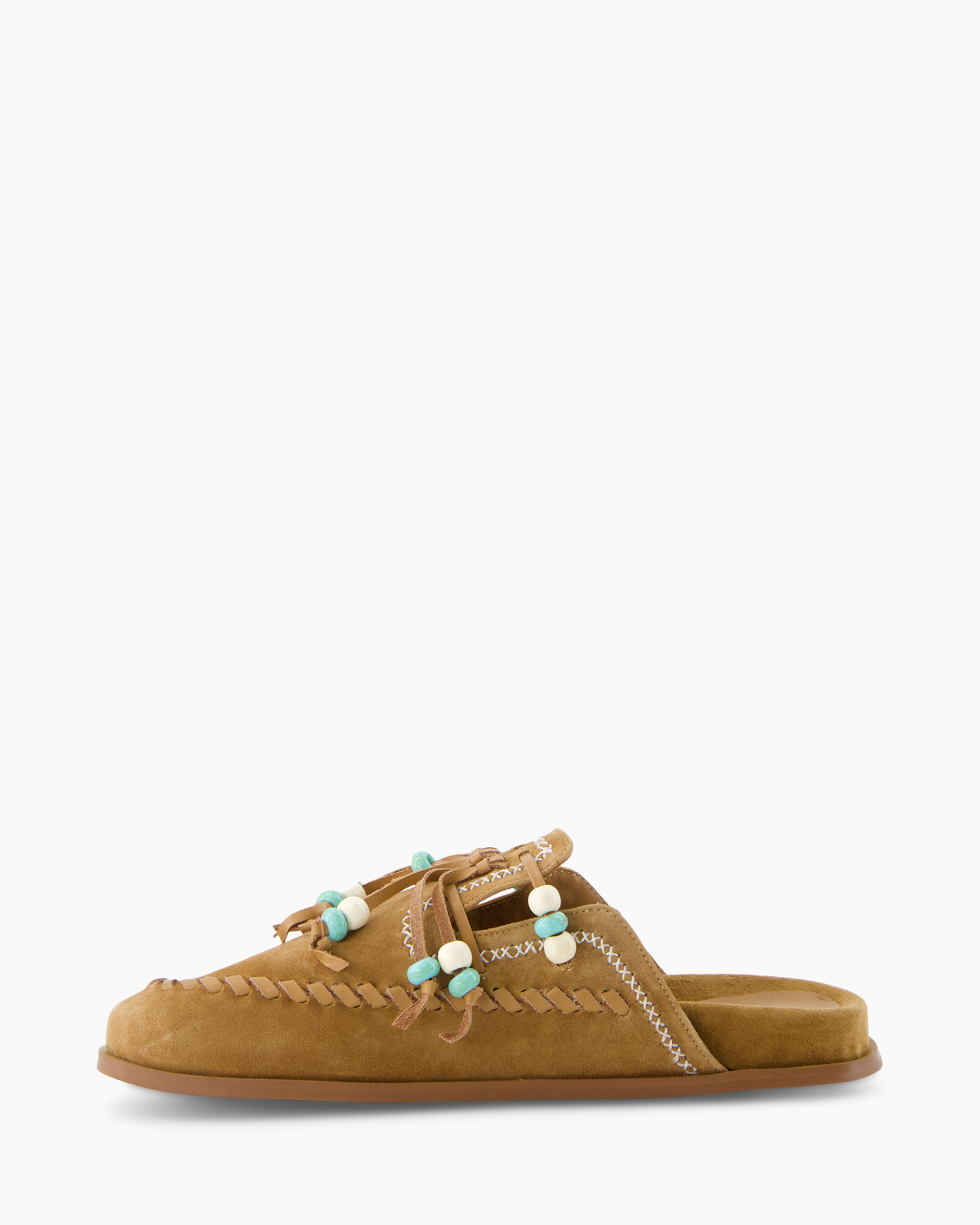 moccasin, slip-on, suede, beaded, tan
