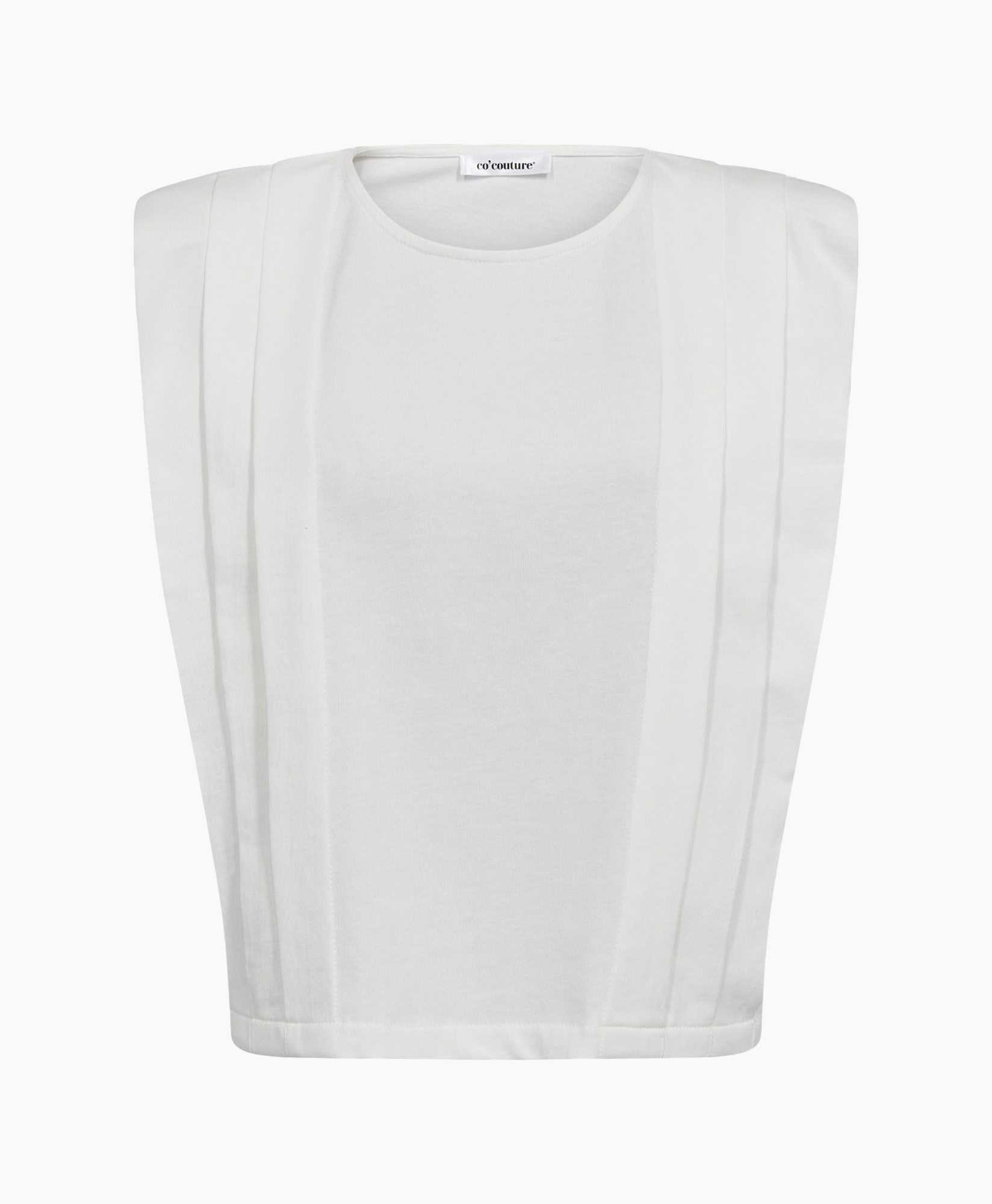 top, sleeveless, white, pleated, crew-neck