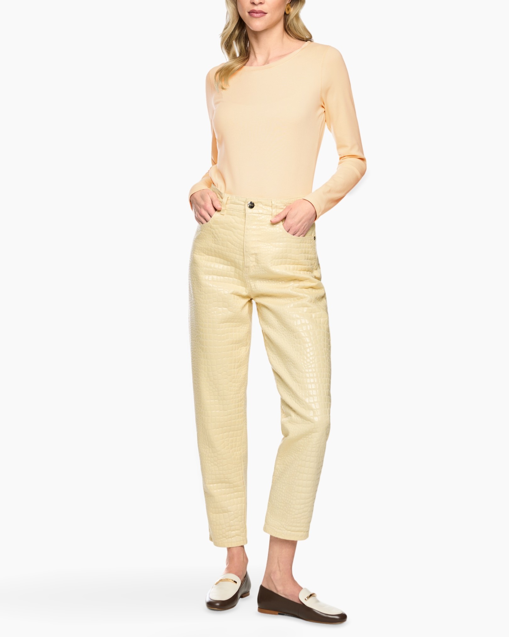 pants, cropped, pearl, beige, croco-embossed