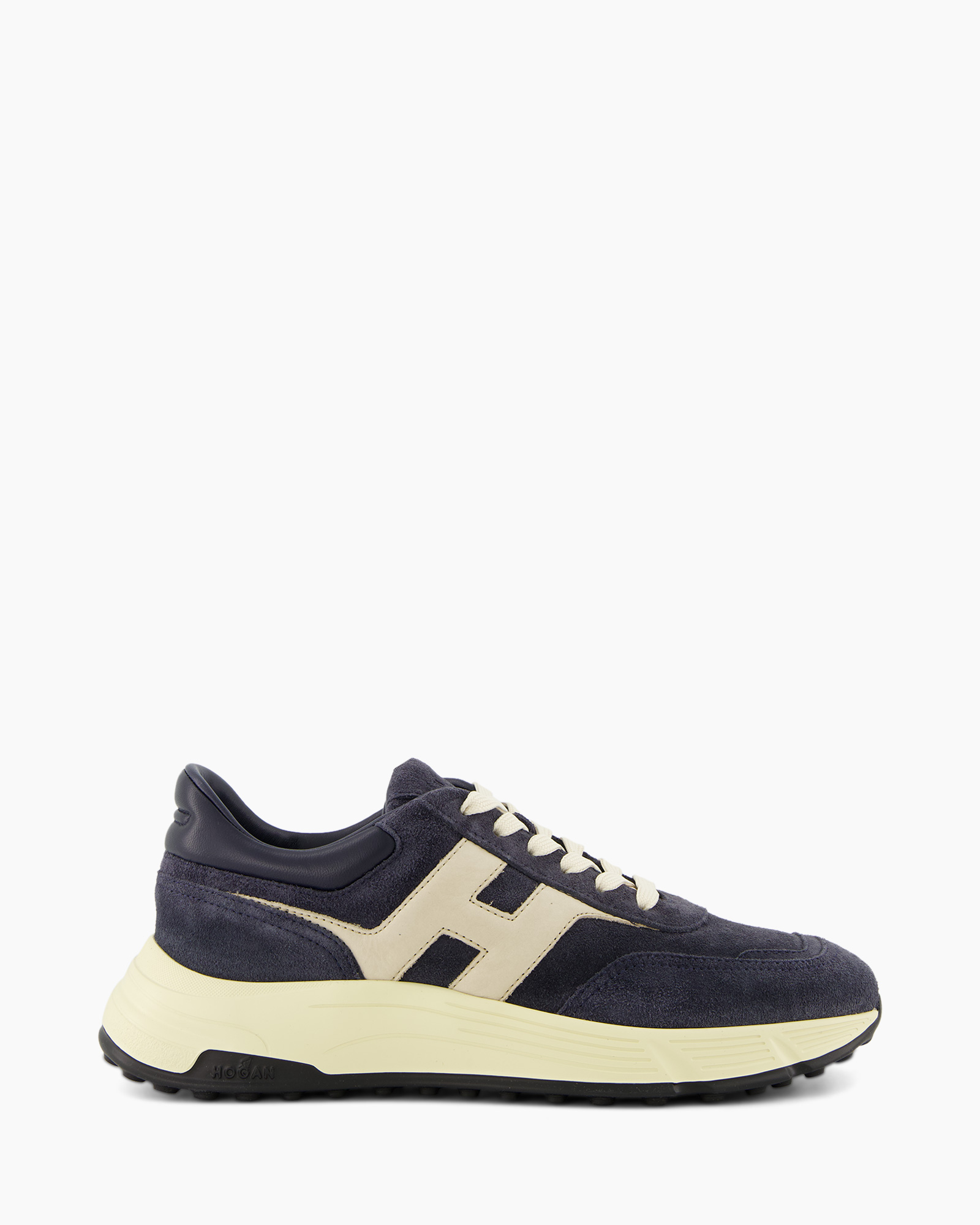 sneaker, athletic shoe, navy, beige accent, rubber sole