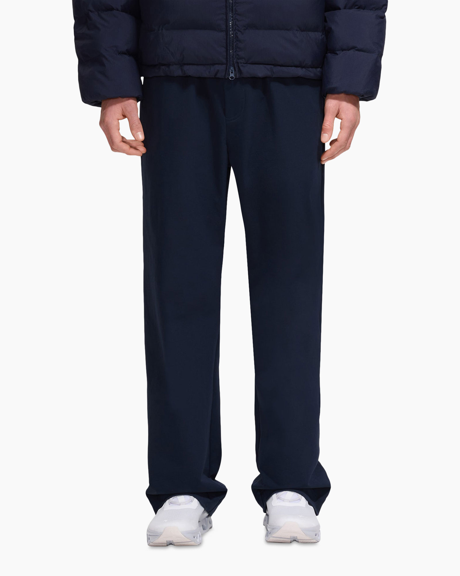 pants, navy, slacks, stretch, athletic shoes